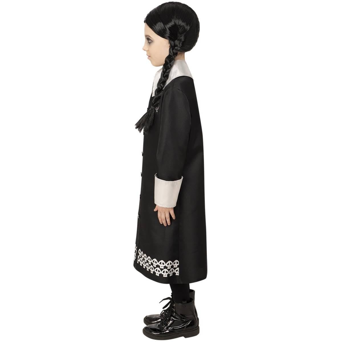 Smiffys The Addams Family Wednesday Child Costume, Black Dress with Skull Pattern and Wig, Officially Licensed Wednesday Addams Costume, Great for Halloween and Themed Events
