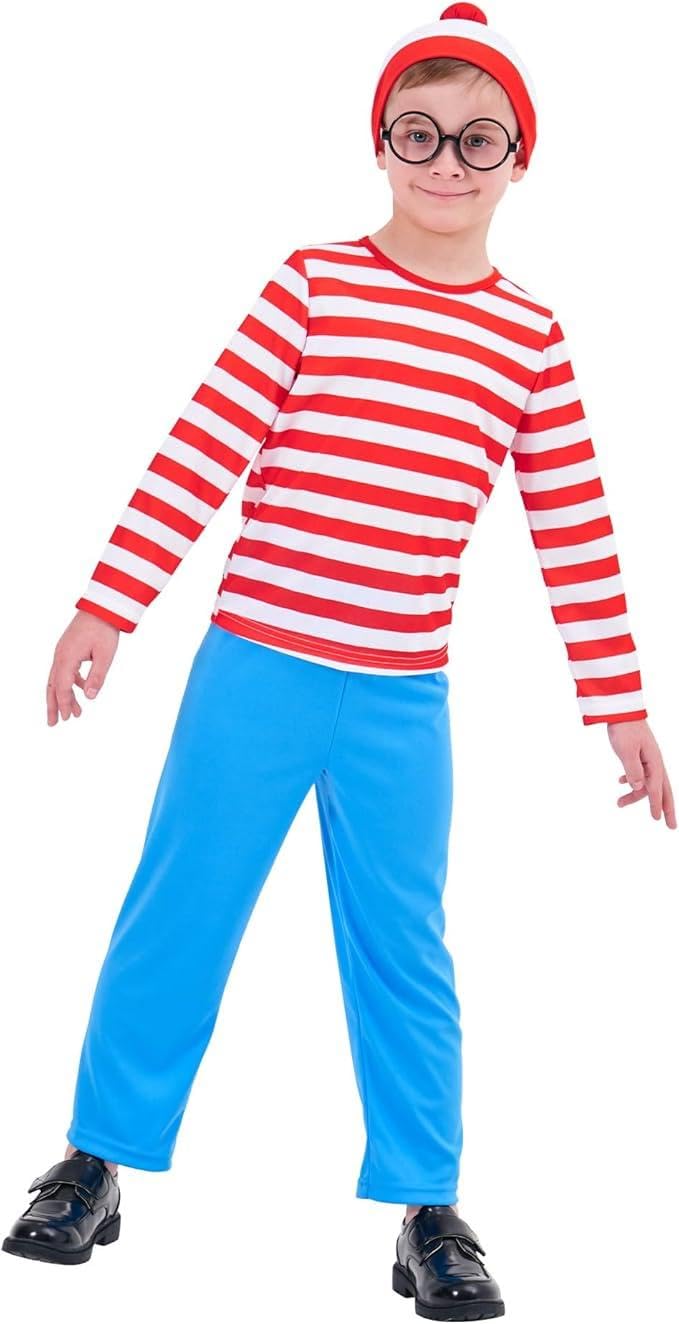 CosExpress Wheres Wally Costume Kids World Book Day Costumes for Boys, Wheres Wally Fancy Dress Kids with Red and White Striped T shirt,Wheres Wally Hat and Glasses, Book Character Costumes for Boys