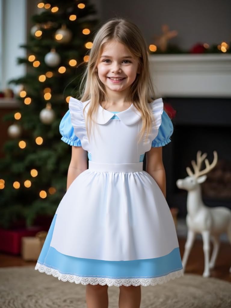 COYBTO Princess Costume for Girls 6-11 Years - Blue Dress With White Apron and Headband for Halloween, Birthday Party, Carnival, Fancy Dress