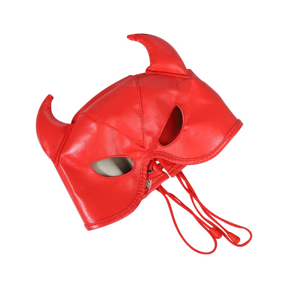 PU leather Horn Full Cover Hood Mask Opened Mouth Show Eyes Face Mask Adjustable Lace-up Hood Headgear Halloween Cosplay Fancy Dress Eye Mask Night Club Dress Up Costume for Couple Games Carnival