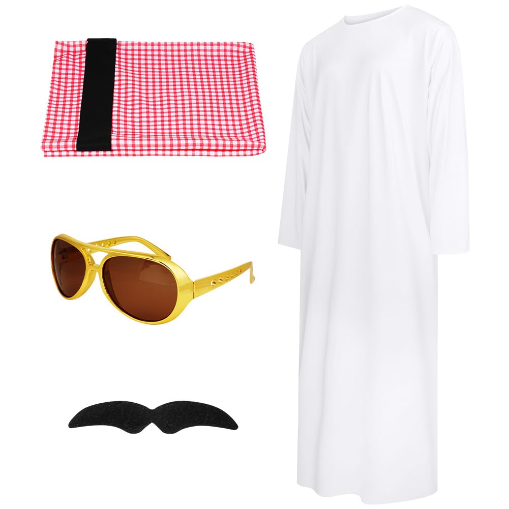 BSBUY Arab Sheik Costume Men White Sheik Robe Arabischen Gebetskleidung Middle Eastern Clothes Outfit Include Robe Hijab Eyeglasses Beard Halloween Christmas Party Birthday Cosplay Fancy Dress Up