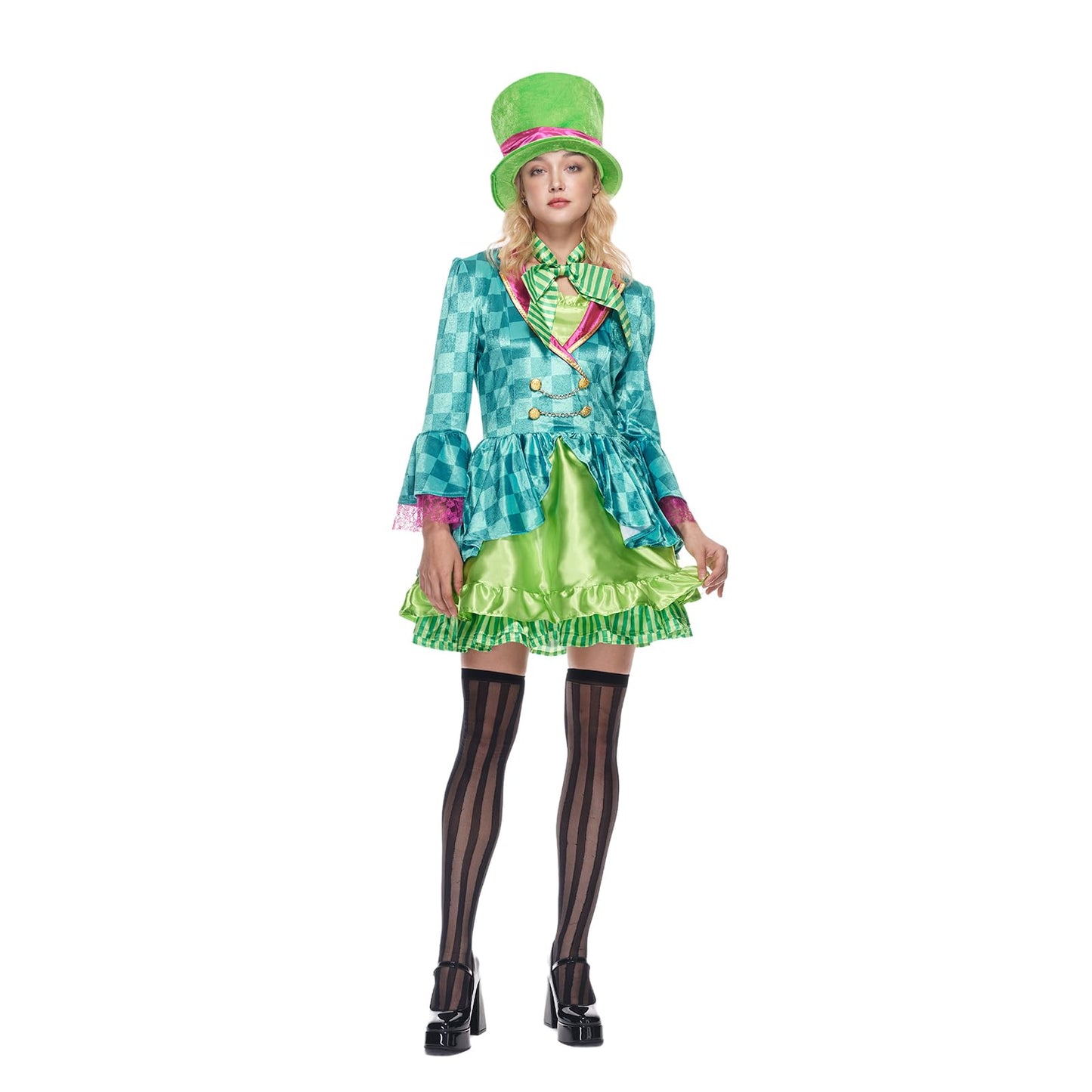 EraSpooky Adult Women Hatter Costume Mad Tea Party Halloween Cosplay with Bowtie Top Hat