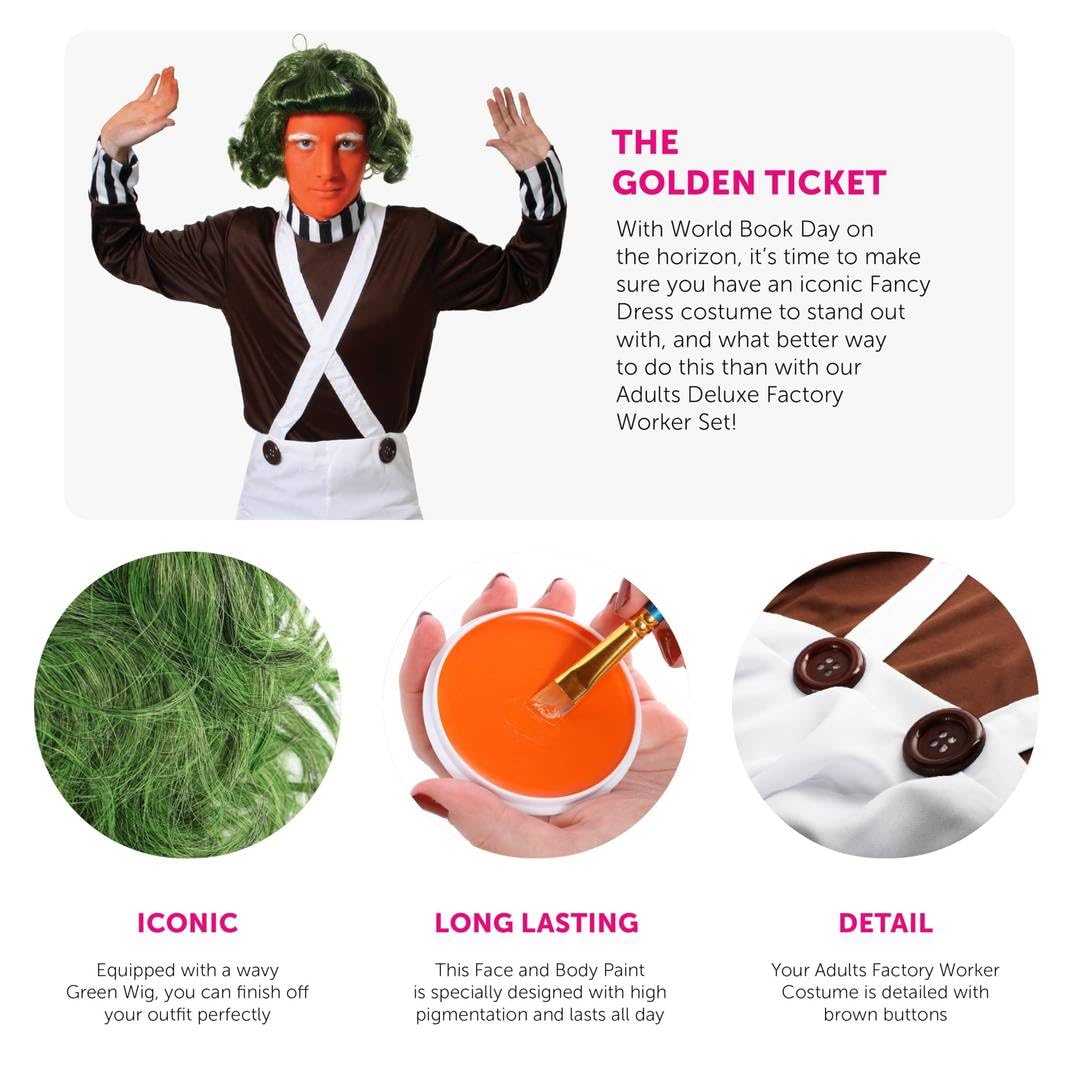 Adults Chocolate Factory Worker - Small - Brown Top, White Trousers, Green Wig, Gloves, Eyebrows, Facepaint - Mens Teacher School Book Week World Book Day Fancy Dress Costume