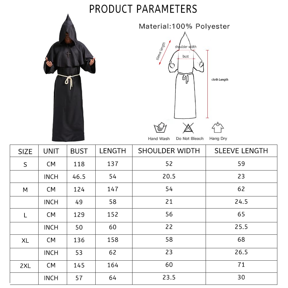 Feynman Men's Monk Costume Monk Robe Priest Robe Costume with Hood Medieval Renaissance Hood