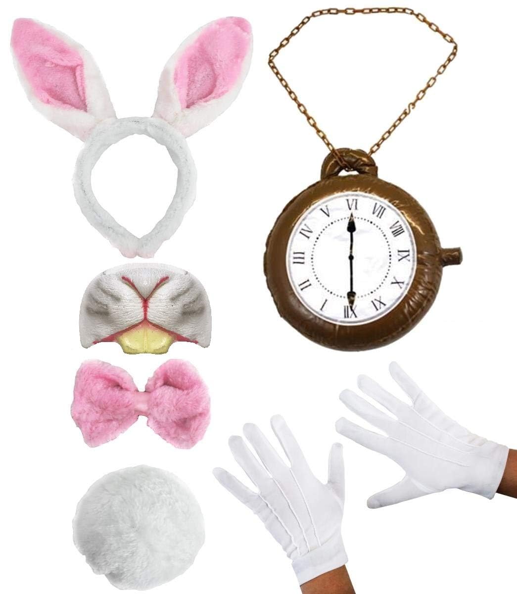 Adults Rabbit Costume Accessory Set - White & Pink Bunny Ears, Pink Bowtie, Rabbit Tail, Gloves, Rabbit Nose, Inflatable Clock - Adults World Book Day Book Week Fancy Dress Accessories