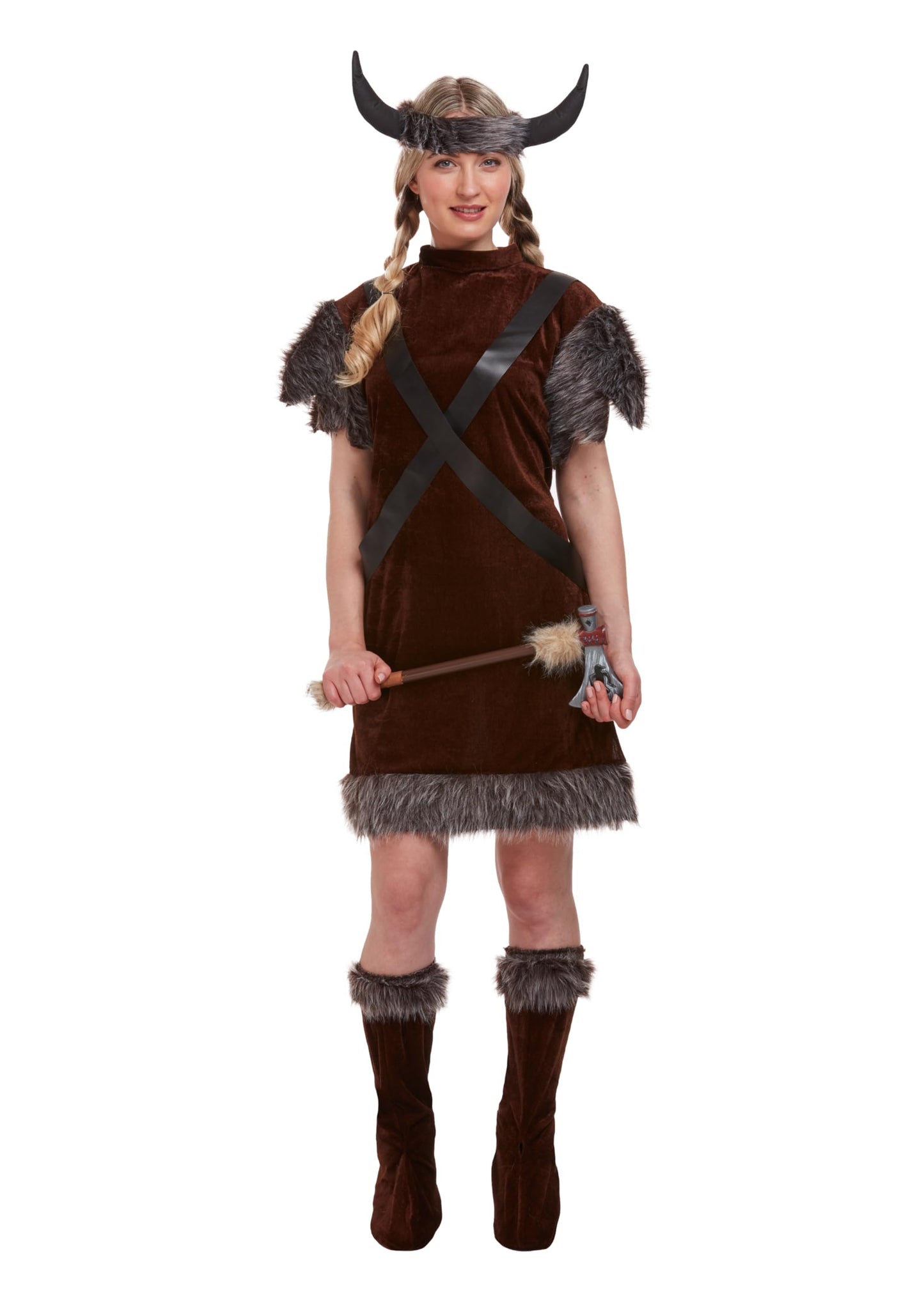 HENBRANDT Adult Women’s Horned Viking Warrior Fancy Dress Costume Female Dragon Tamer with Faux Fur Dress Up Outfit One Size Ladies Fancy Dress Costume