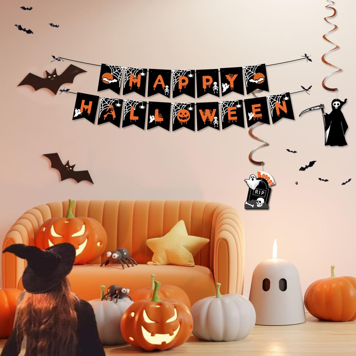 AMLOOPH Halloween Decorations Reusable Indoor Set - Happy Halloween Banner, Hanging Pumpkin, Bat, Ghosts Bunting Garland, Trick or Treat Sign and Spooky Hanging for Party Decorations