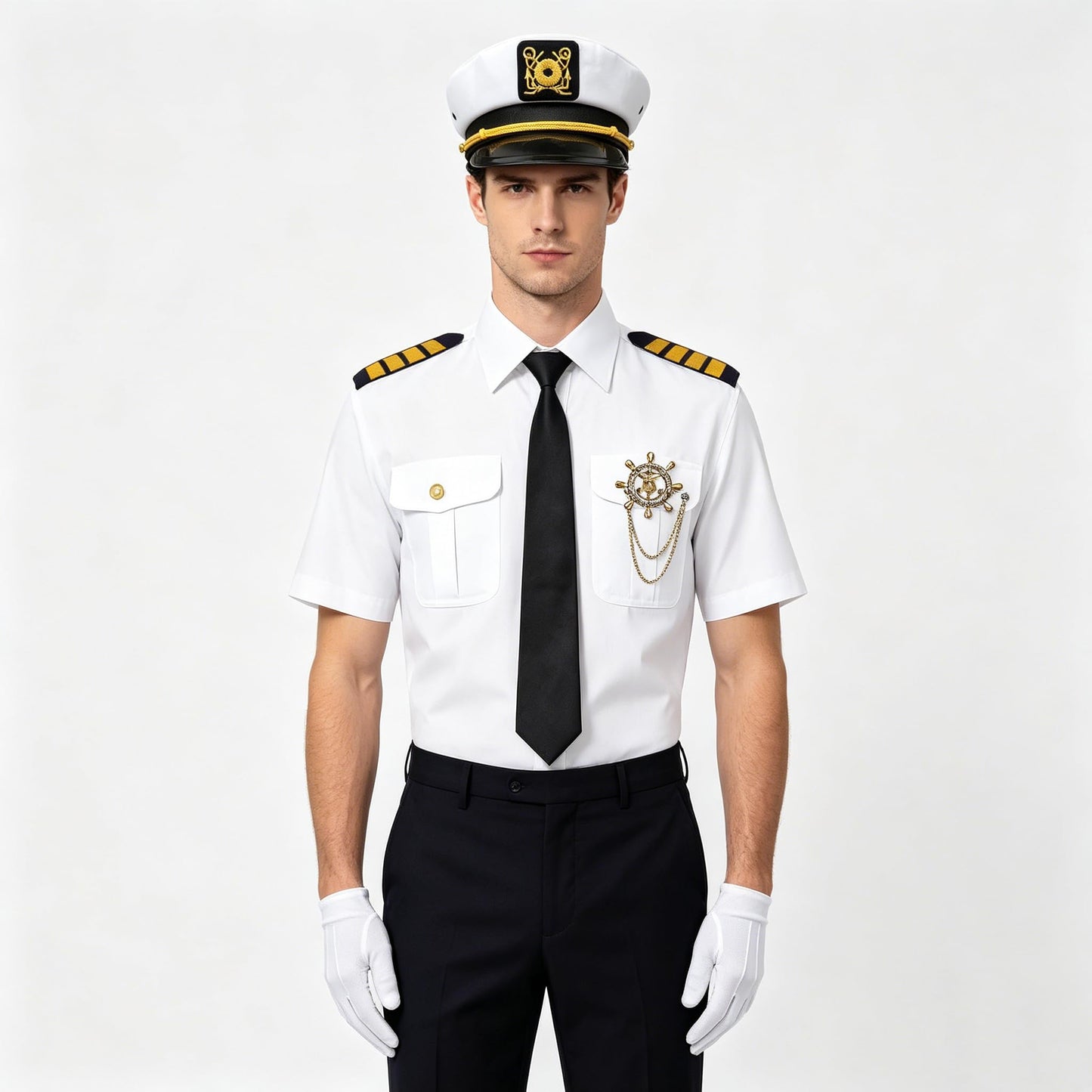 shengo 6PCS Captain Costume Sets Halloween Costumes Captain Shirt Captain Sailor Costume with Navy hat Pipe Sunglasses Tie Gold Anchor Pin Gloves Men Fancy Dress Costumes (M)