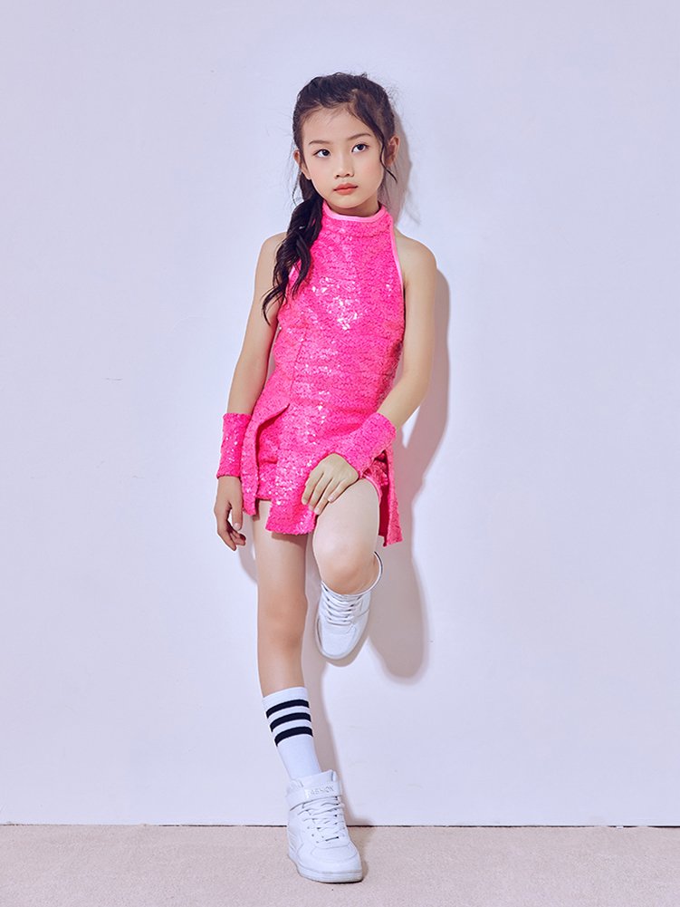 LOLANTA Girls Sequins Jazz Dance Costume Child Sparkle Mini Dress Hip Hop Dance Clothes Set Top+Pants+Socks Rosered, 10-11 years, Rosered