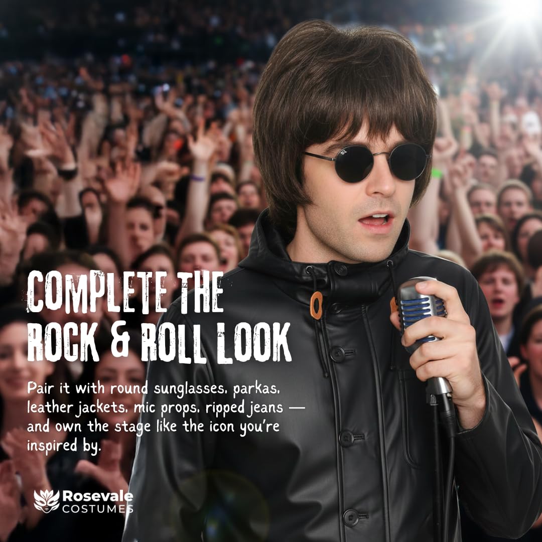 Rosevale Adult Men's 90’s Rock and Roll Star Liam Inspired English Singer Wig – Short Wavy Brown Wig for Costume, Halloween, Cosplay, and 90s Music Icon Look