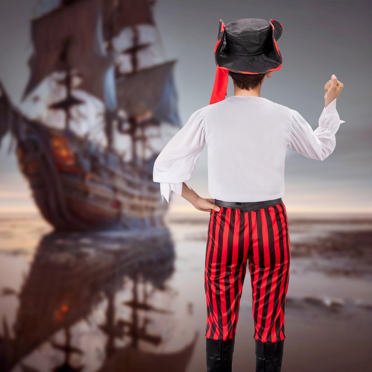 MELAND Pirate Costume Kids, Boys Girls Dress up with Pirate Hat, Boot-covers for Kids Aged 3 to 10, Fancy Dress for Kids & Toddlers Pirate Day Halloween Costumes (Black, M(5-6 Years))