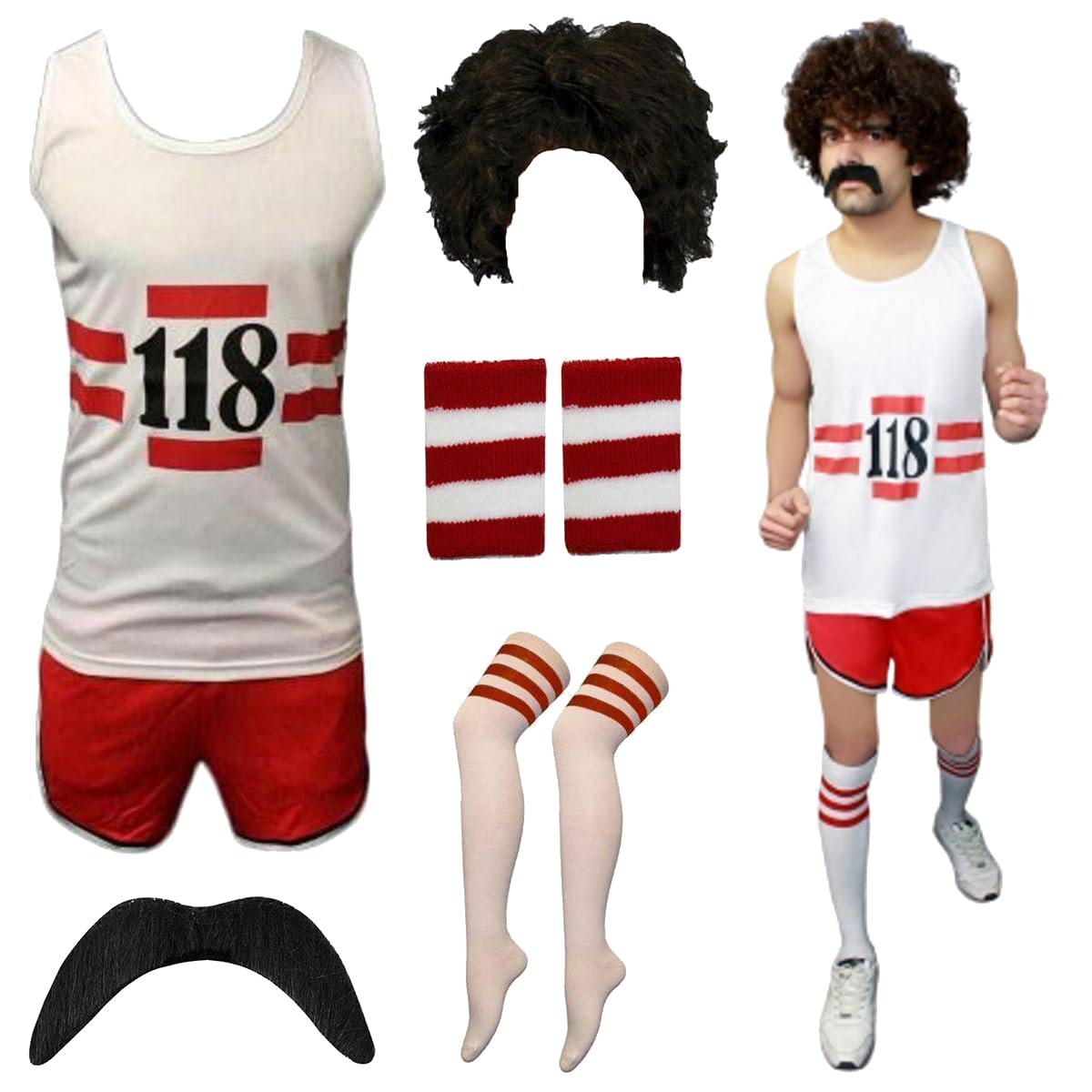 RIDDLED WITH STYLE Unisex 118 Marathon Fancy Dress Costume Set Retro Sleeveless Vest Shorts Moustache Socks Wig Running Outfit Mens Womens Party Event Fun Run UK Sizes S-XL
