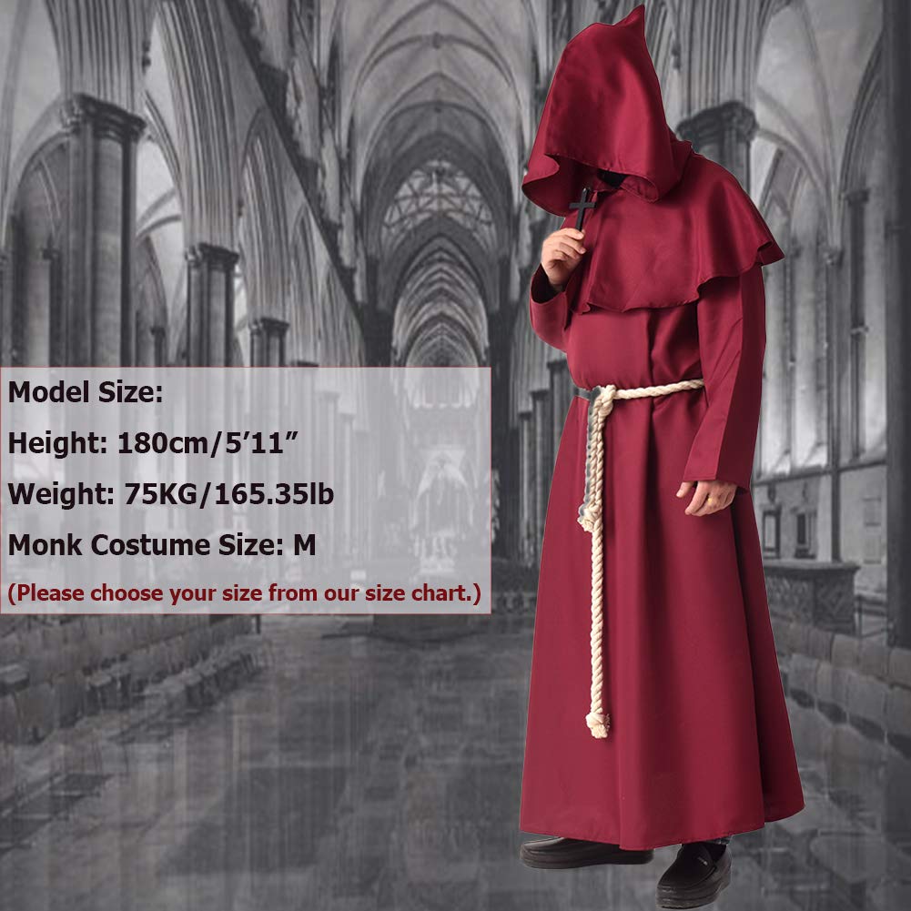 BLESSUME Monk Costume Medieval Robe Priest Hooded Renaissance Friar Cowl Outfit (L,Red)