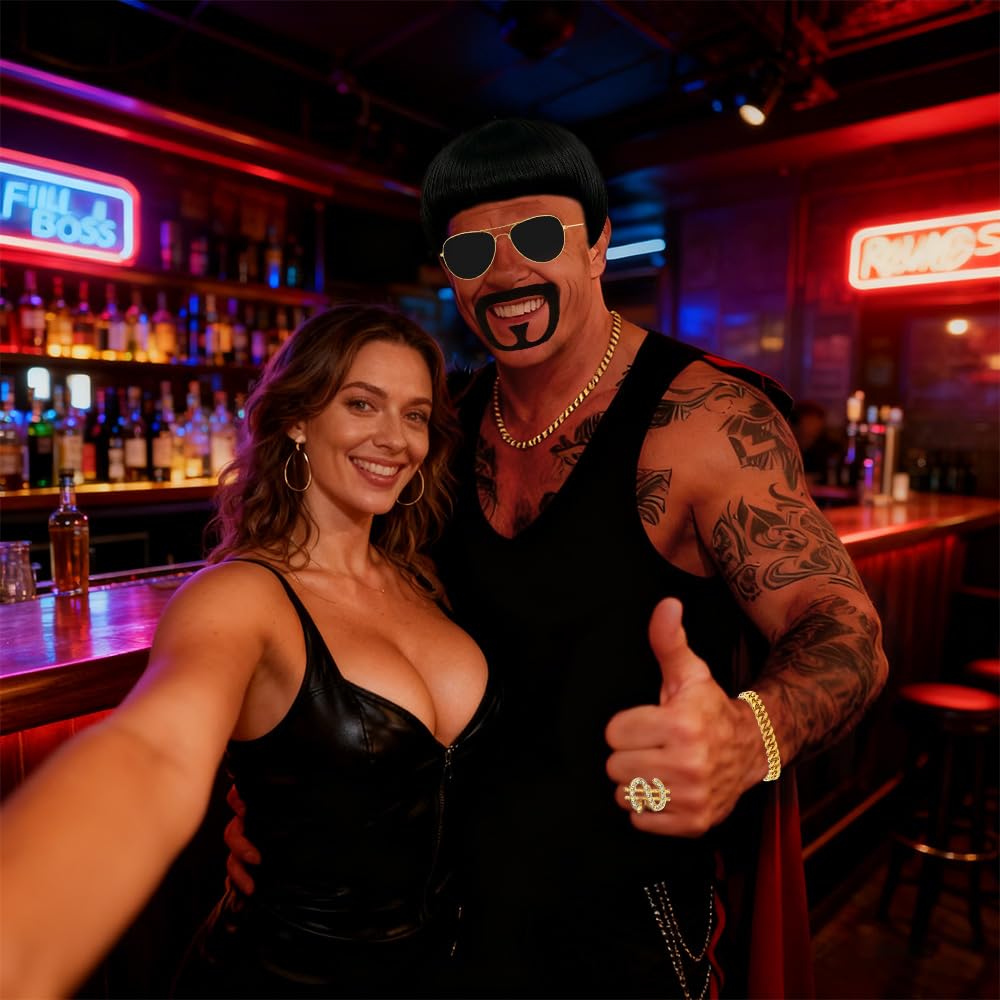 Ibiza Final Boss Costume Funny Costumes For Men with Handsome Black Bowl Cut Wig Hair Nets Goatee Mustache Sunglasses Gold Chain Ring & Tattoo Sleeves, 90s Meme Cosplay Ibiza Outfit for Carnival Party