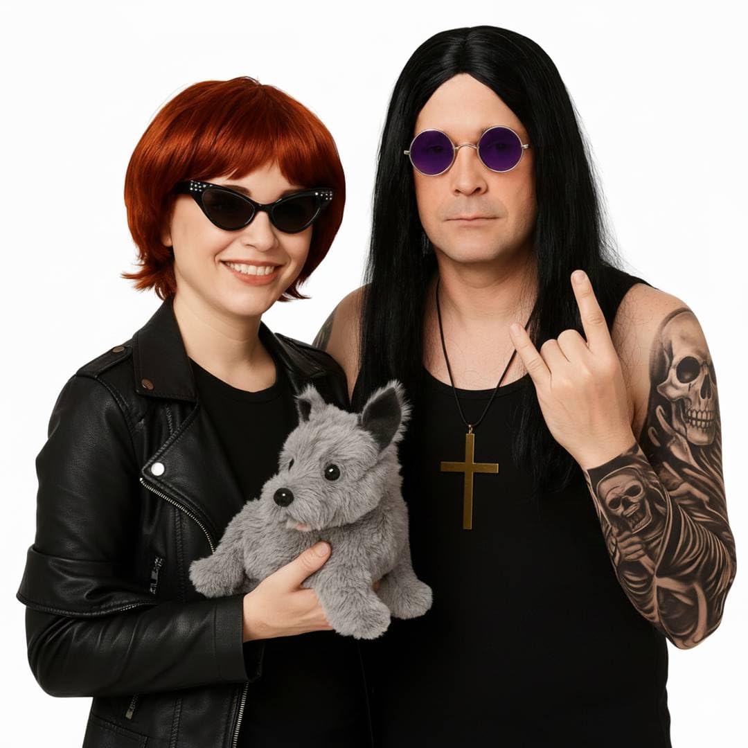 Adults Osbourne Couples Costume - Black Vest - Black Wig - Round (image 2)