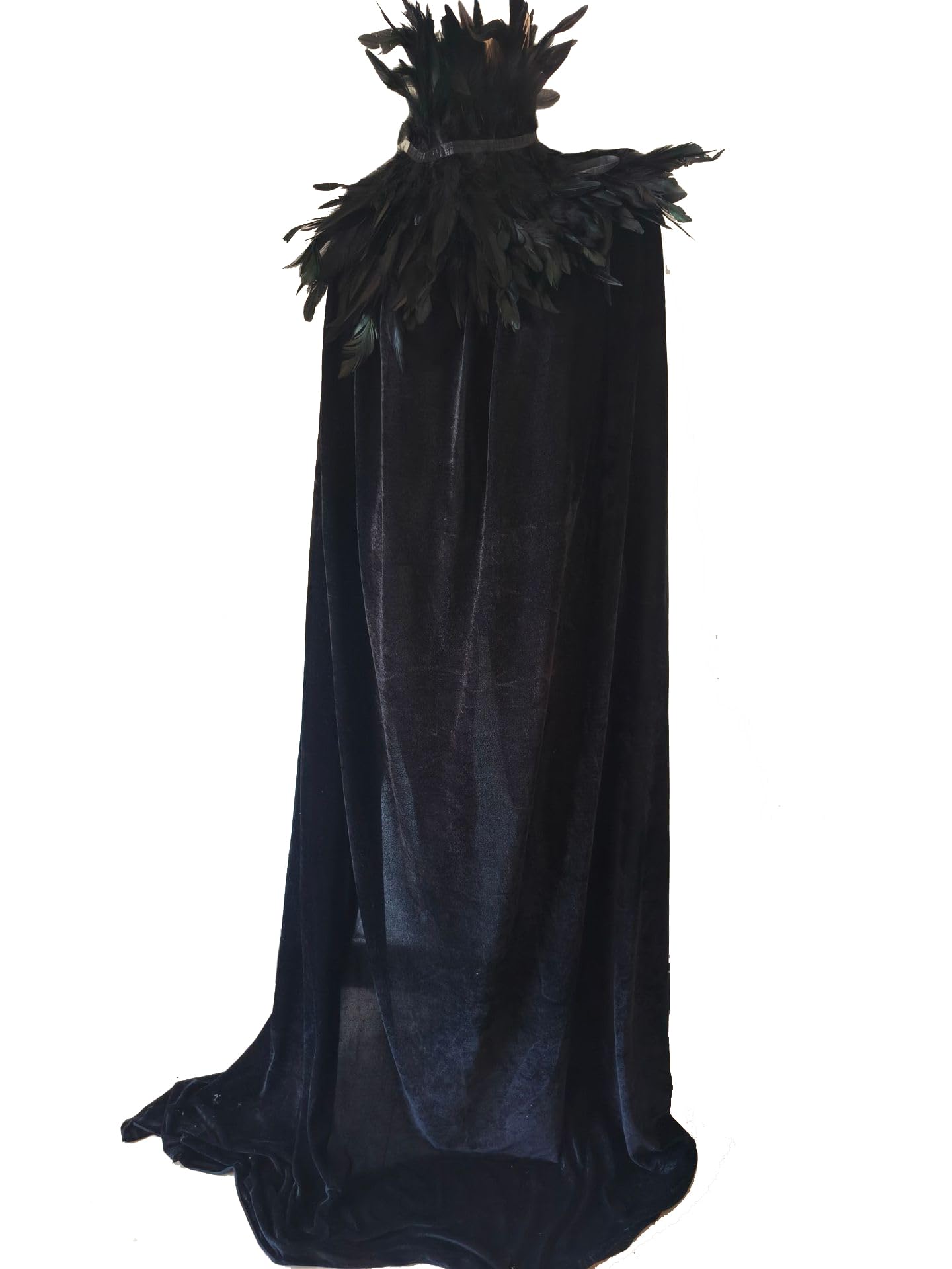 Unisex Gothic Black Witch Velvet Cloak Feather Stand Collar High