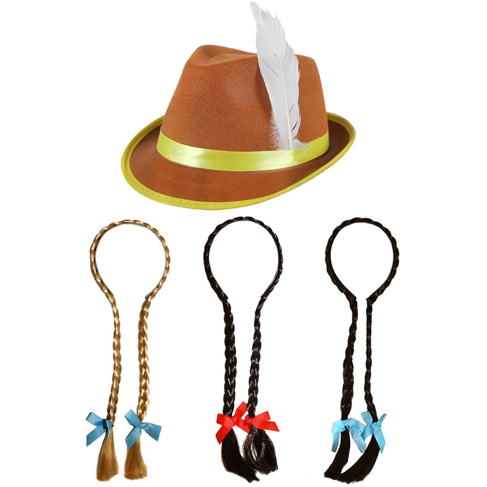 Ladies Bavarian Accessory Set - Pack of 1 - Brown Bavarian Hat and Blonde Plait Wig with Blue Ribbons - Adults Oktoberfest Fancy Dress Costume Accessory Set