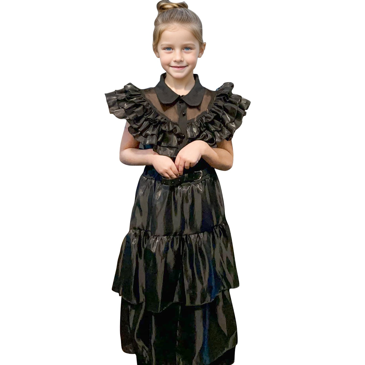 keaiyouhuo Wednesday Addams Costumes Dress for Kids Girls Family Merchandise Fancy Dress Up Cosplay Halloween Party Outfit with Wig, Black, 11-12 Years