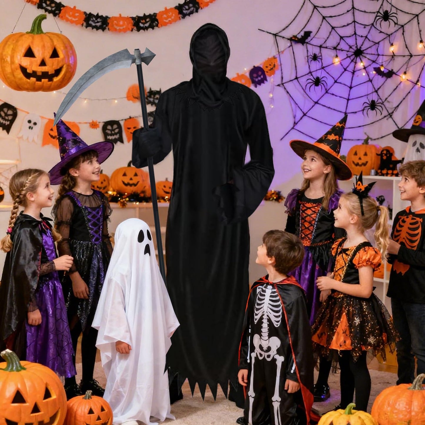 PULASIDO Halloween Costumes, Grim Reaper Costume Set for Girls Boys Adults, Spooky Halloween Costume Set for Adults Scary Ghost Cosplay Masquerade Tunic Outfit with Scary Snake