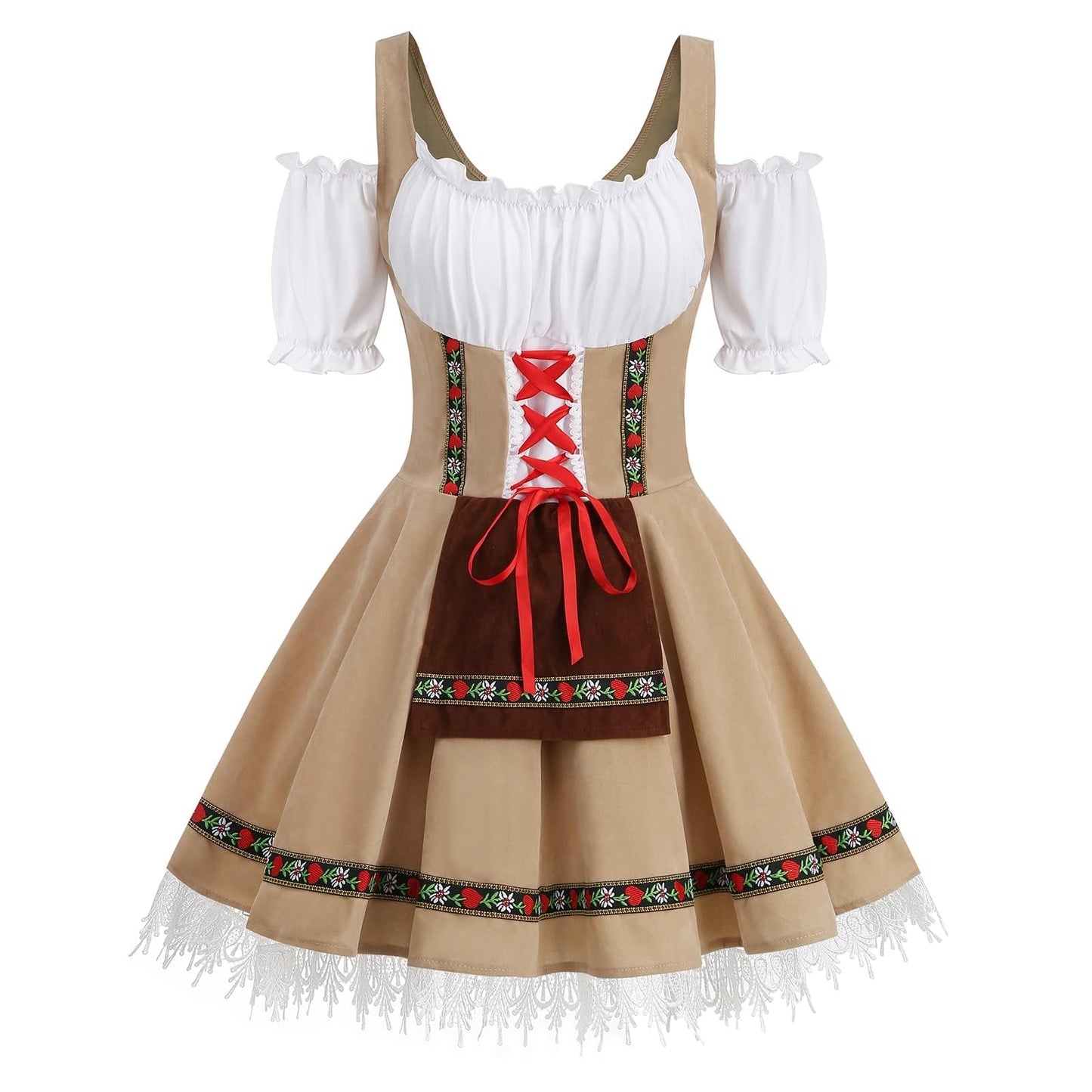 maxToonrain Oktoberfest Outfit Women Off-Shoulder Traditional Bavarnian Short Sleeve Off Shoulders German Beer Maid Costume with Embroidery for Oktoberfest, Halloween & Themed Parties (Khaki, M)