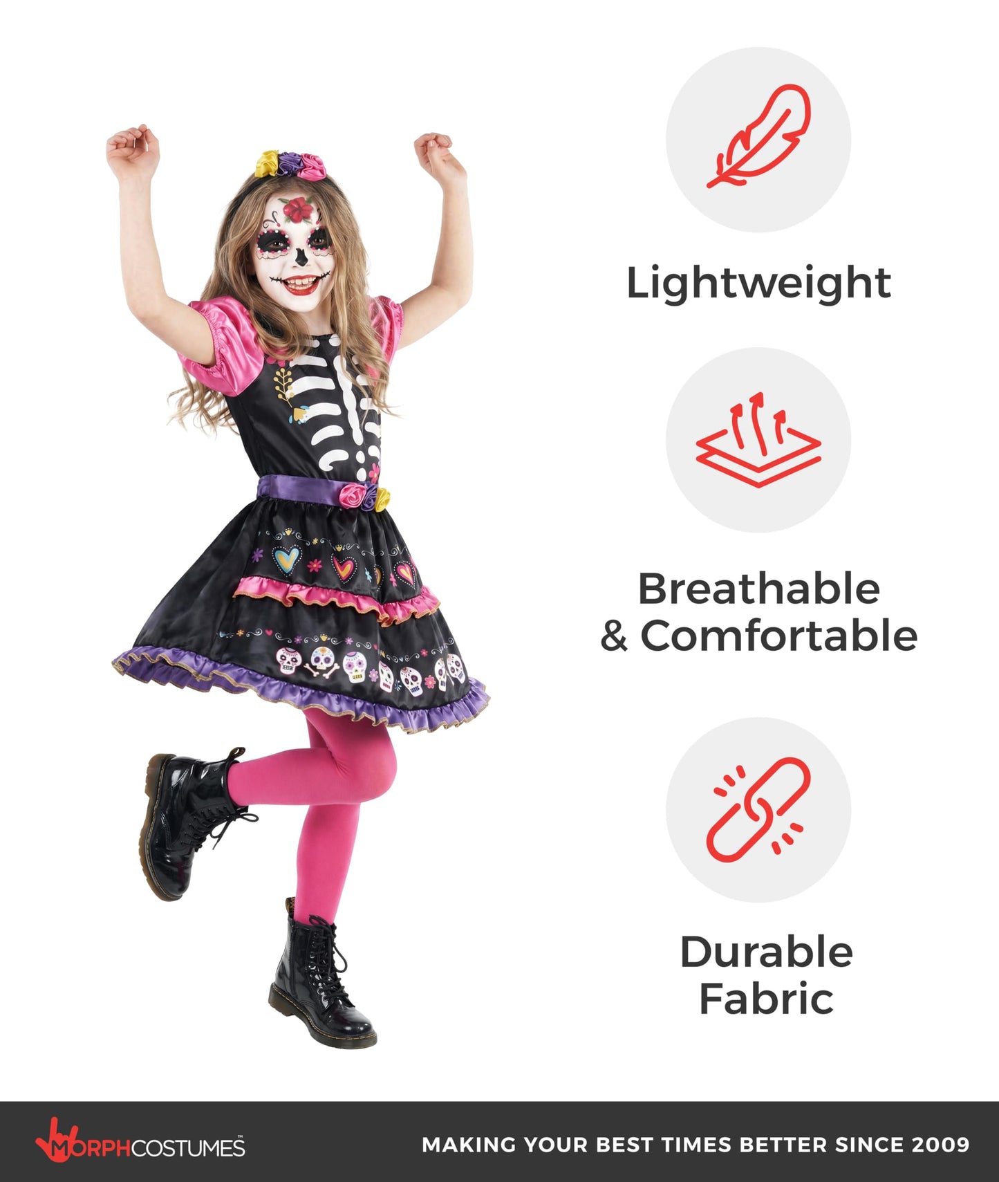 Morph Day Of The Dead Costume For Girls - Sugar Skull Dress Up Outfit For Kids - Halloween Costume Accessory, 7-9 Years