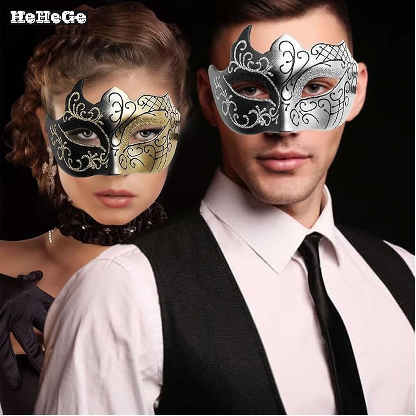 HeHeGe 2 Pcs Masquerade Mask, Lace Half-FaceMasks, Masquerade Masks for Couples,Sexy VenetianCarnival Masks, for Masquerade Venetian Carnival Party Dress Halloween Masks (Gold)