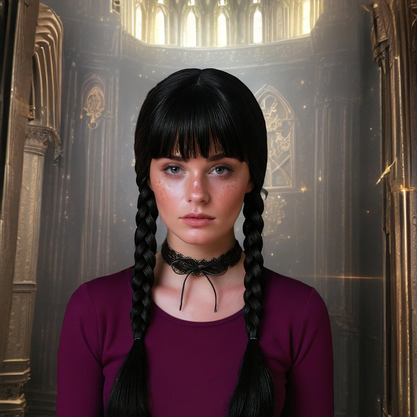 SSKHE 3Pcs Black Braided Wig for Women and Children, Cosplay Accessory for Wednesday Addams, Halloween Costume Hairpiece, Braided Design for Dress-up, Kids' Wigs, Party Hair Accessories