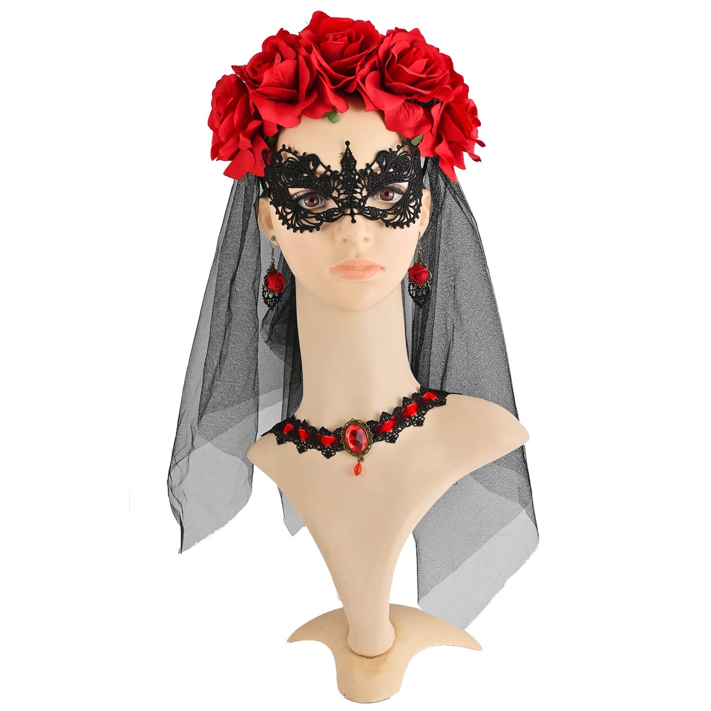 NAUZE 4 Pieces Day of the Dead Halloween Costume Set Gothic Bride Veil Ladies Rose Necklace Lace Eye Mask Lace Gloves for Halloween Adults Costume Accessory(Red)