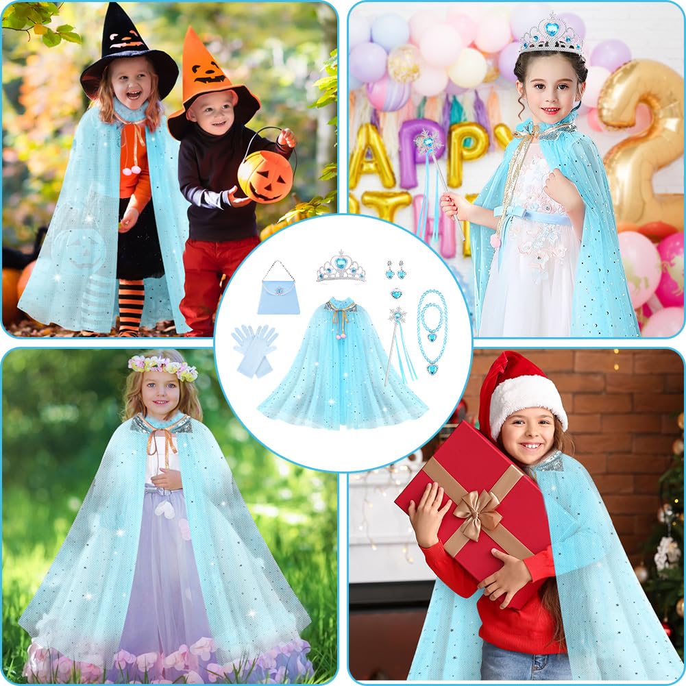 AOOWU Princess Cape Set for Girls, Elsa Princess Cloak with Crown, Wand, Jewelry, Gloves, Princess Elsa Fancy Dress Up Sparkling Sequin Tulle Princess Cape Set for Halloween Christmas Birthday Cosplay
