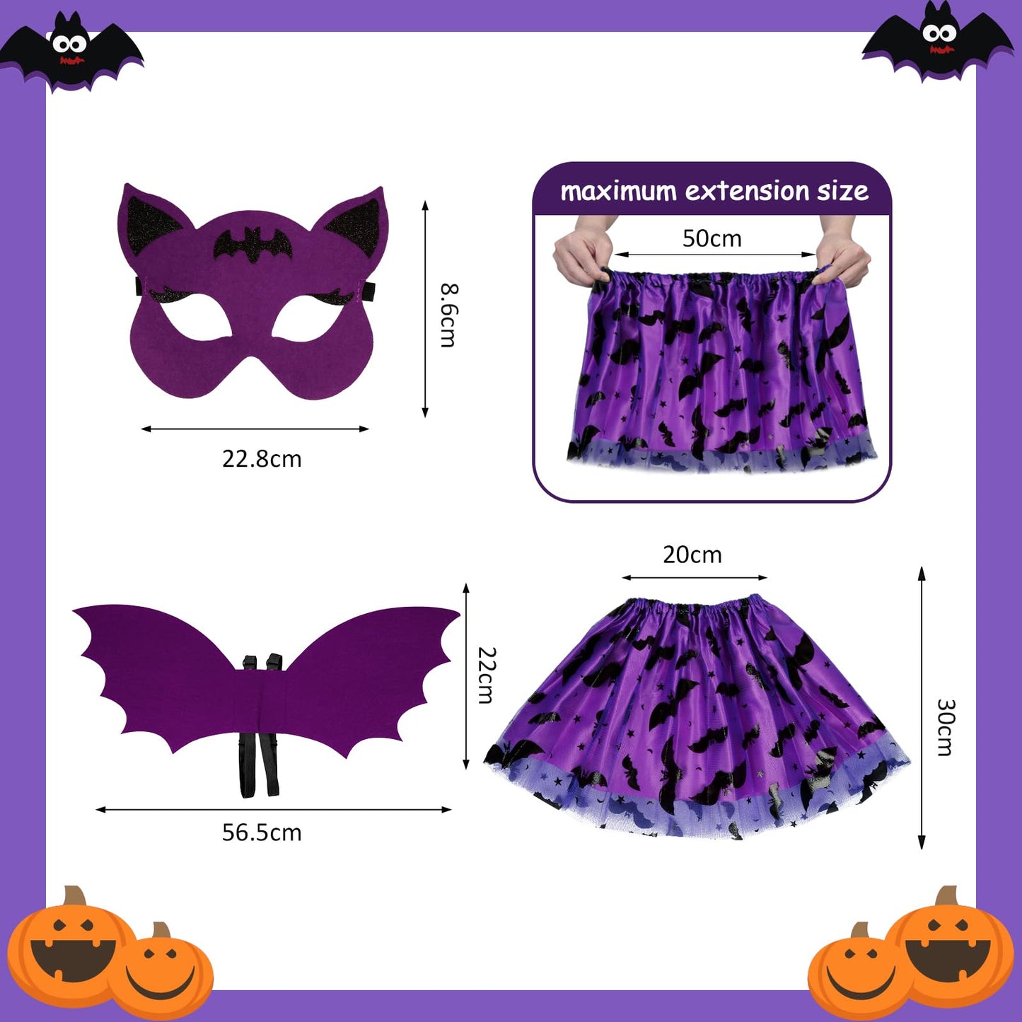 HONMOK 3 Piece Girls Bat Wings Costume, Halloween Purple Bat Fancy Dress Outfit Include Bat Tutu Skirt & Bat Eyemask & Bat Wings, for 3-10y Kids Halloween Costume Cosplay Accessories