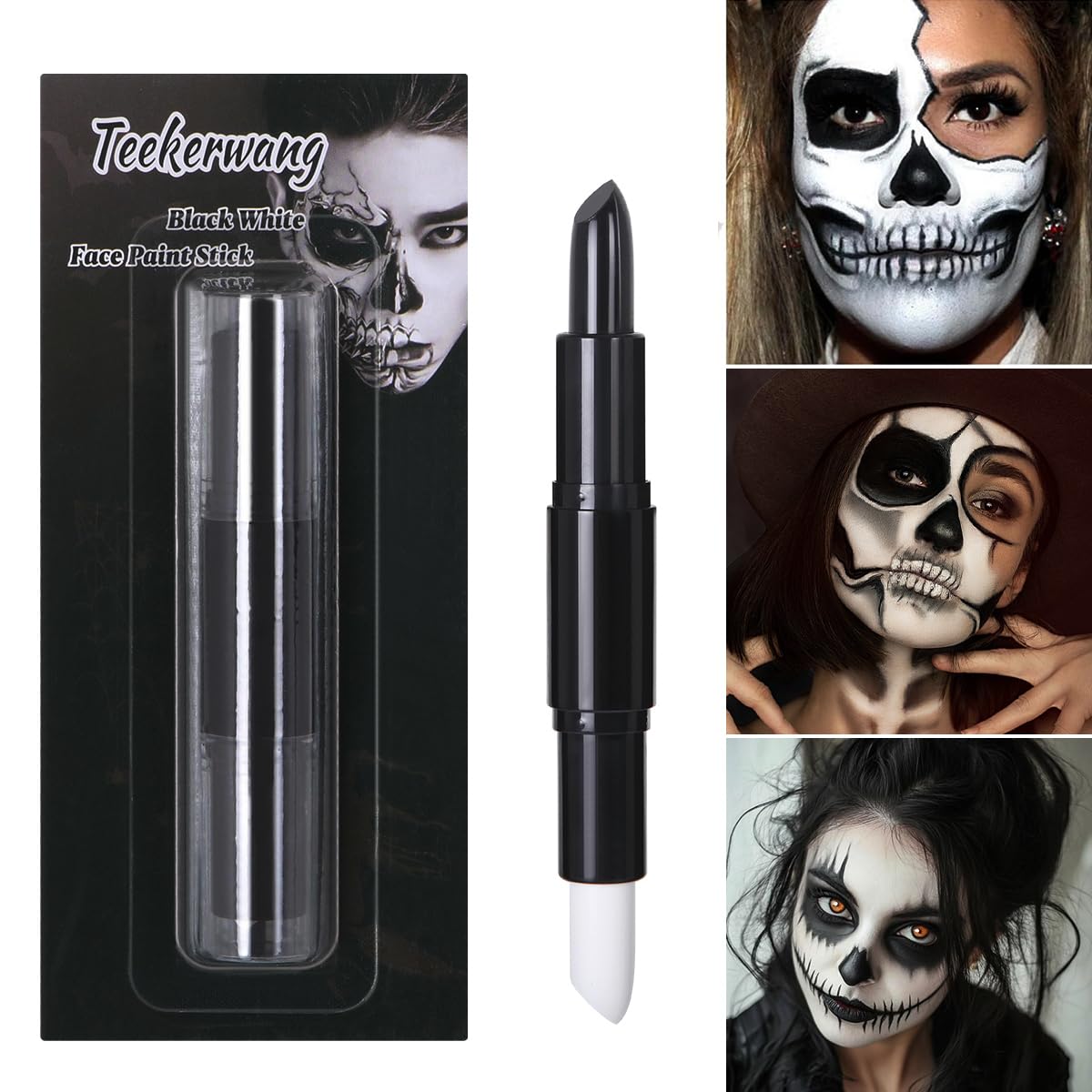 Teekerwang Halloween Clown Black White Face Body Paint Stick Set, Eye Black for Sports, Skeleton Vampire Skull Cosplay Special Effects Costume SFX Halloween Makeup Kit. (01, Color)