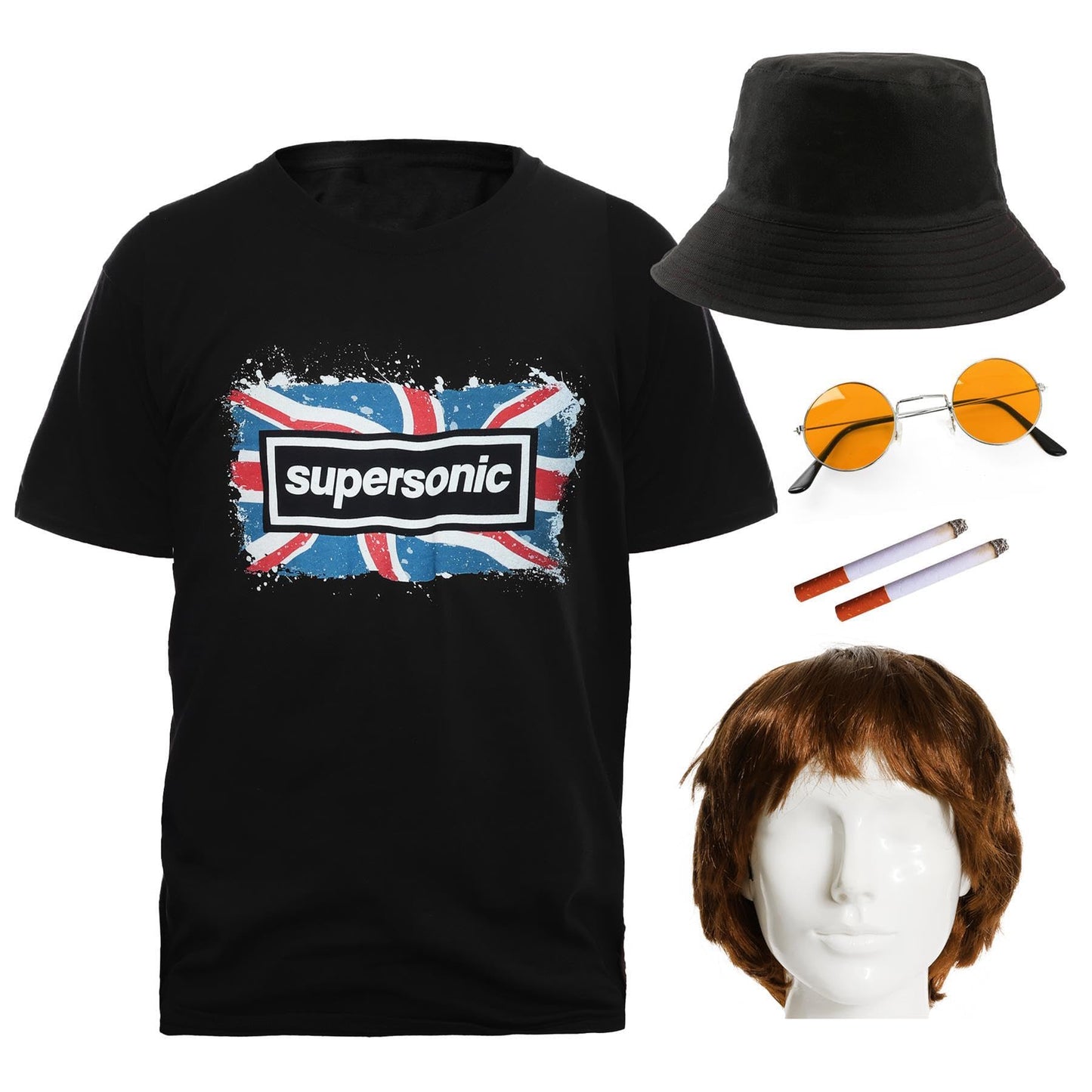 Adults Britpop Costume - Large - Black T-Shirt with Supersonic Print, Brown Wig, Black Bucket Hat, Orange Round Sunglasses, 2 Fake Cigarettes - Mens Ladies 90s Rock Band Music Icons Fancy Dress