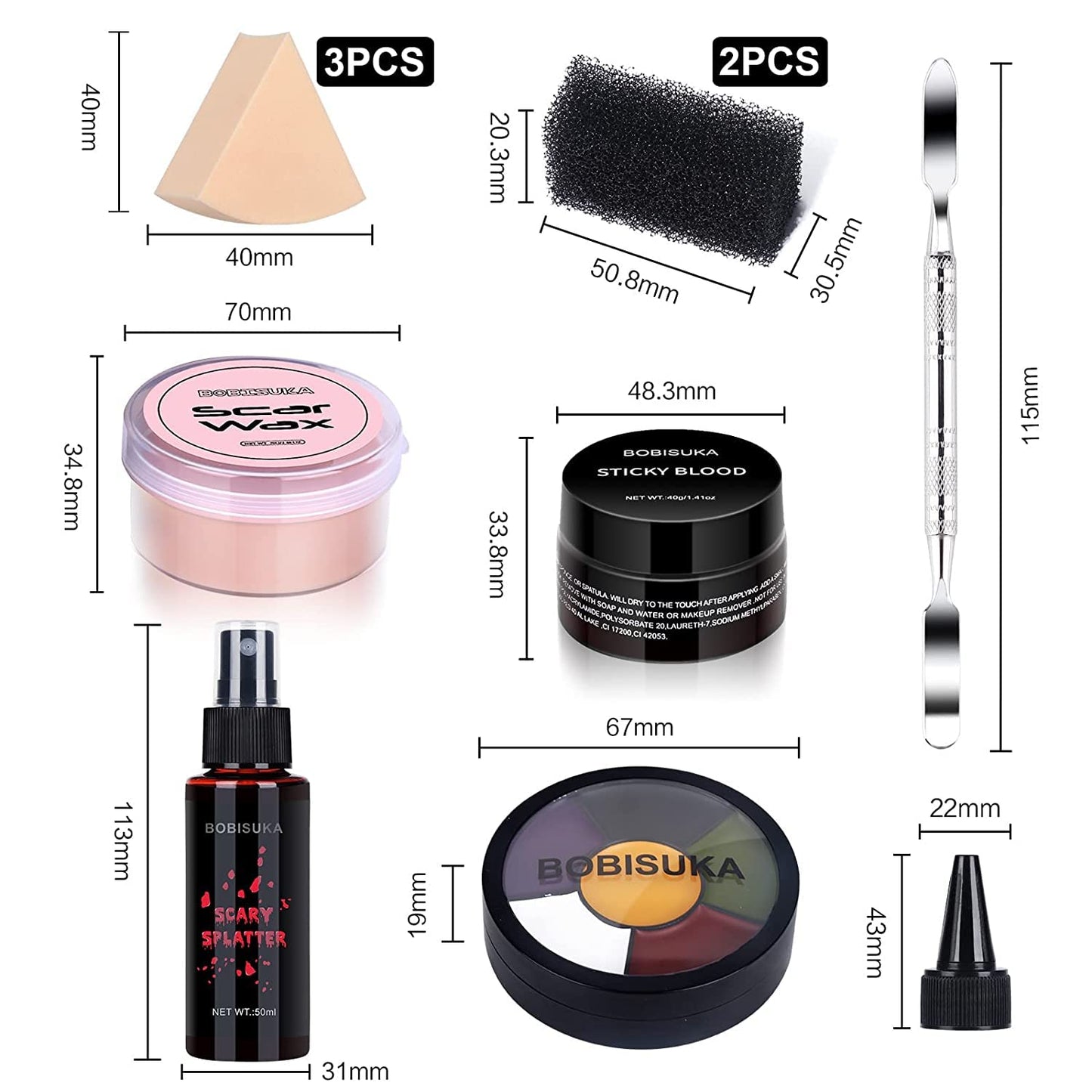 BOBISUKA Special Effects SFX Halloween Makeup Kit - 5 Colors Bruise Makeup Face Body Painting Palette + Scar Wax with Spatula Tool + Fake Blood Splatter Spray + Fake Blood Cream + Stipple Sponges