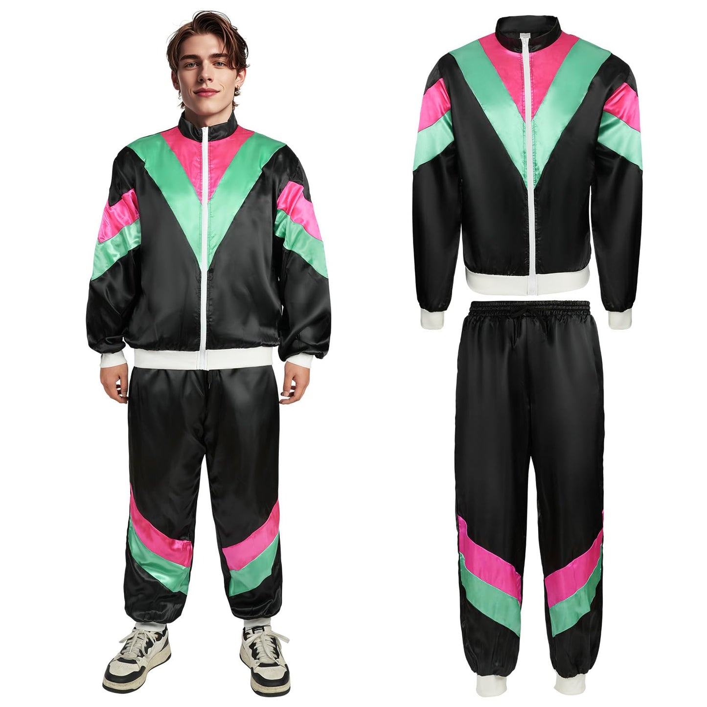 AYBUY 80s 90s Fancy Dress, Retro Disco Sportswear Outfit Set, 80s Shell Suit Costume, Hip Hop Costume Outfit for Theme Party, Halloween, Music Festivals, Masquerade, Carnival (L)
