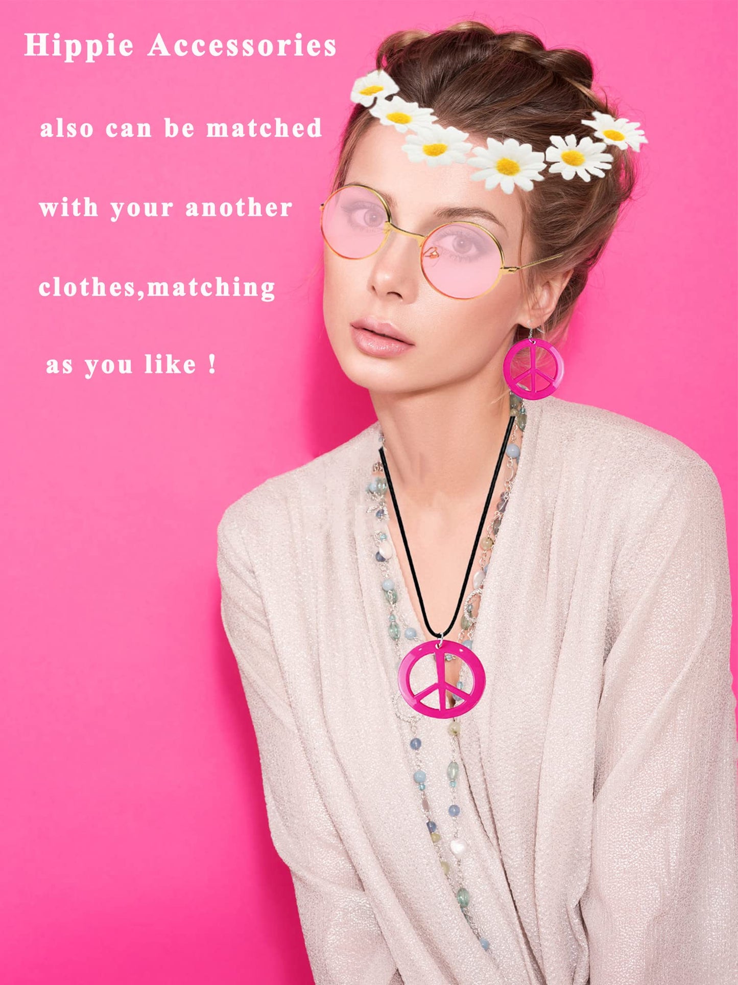YADODO 60s 70s Fancy Dress Women Disco Hippie Costume with Accessories 1970s 1960s Hippie Fancy Dress Clothes for Women Adult70 Style Ladies Pink Flower Power Dress (XXL)