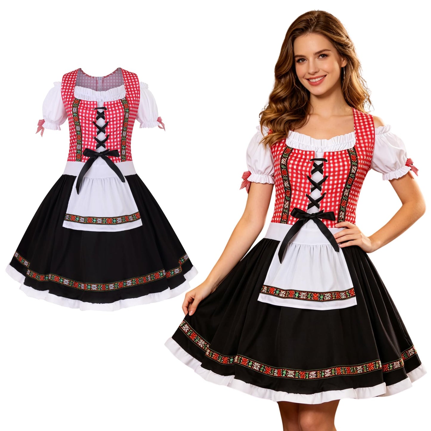 HAPNBCELE Oktoberfest Costume for Womens, German Dirndl Plaid Dress Traditional Beer Festival Bavarian Carnival Halloween (Red Plaid, Large)