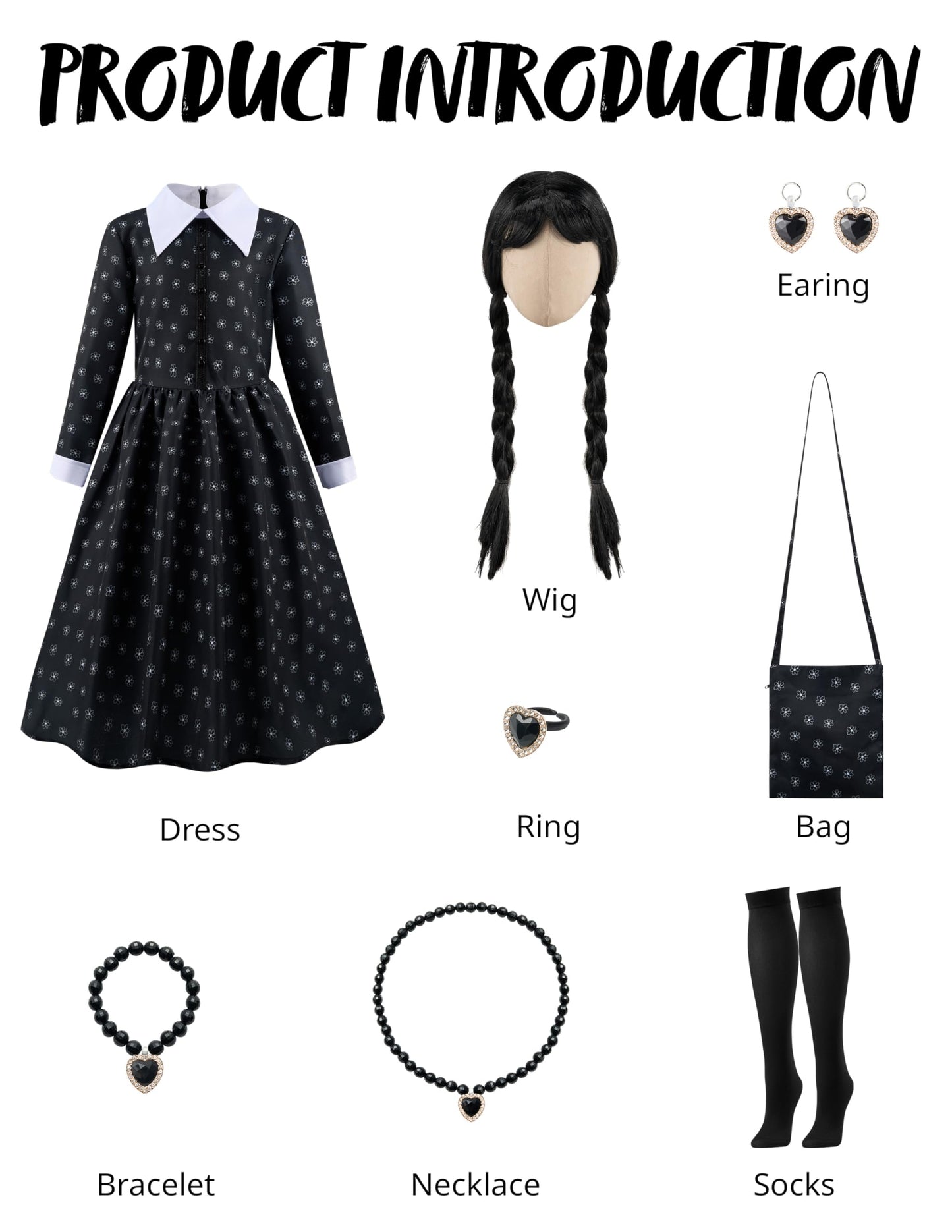 Spooktacular Creations Girls Halloween Black Costume, Black Floral Print Dress with Wig and Stocks for Girls Kids Halloween Dress Up and Role-Playing(Small(5-7 yrs))