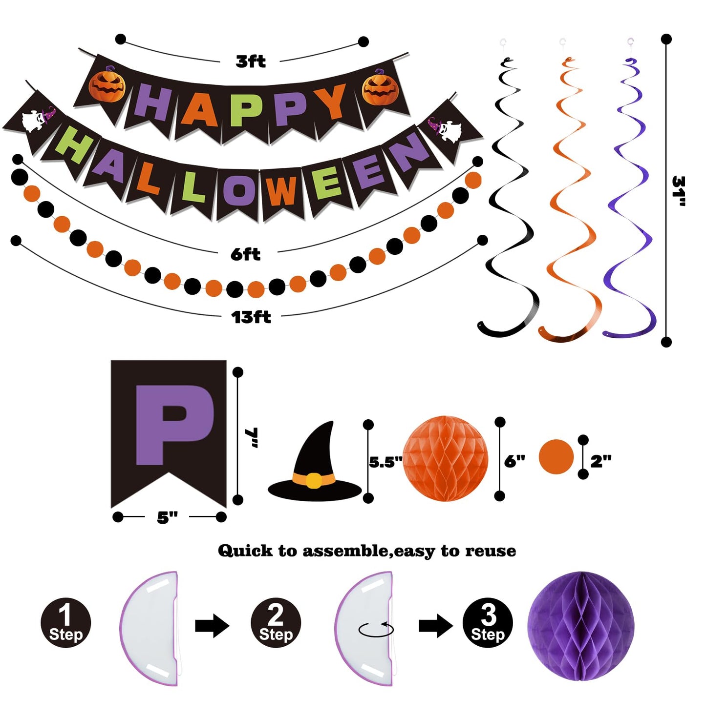 Happy Halloween Banner Decorations - Honeycomb Ball & Swirl Streamer Circle Dot Garland