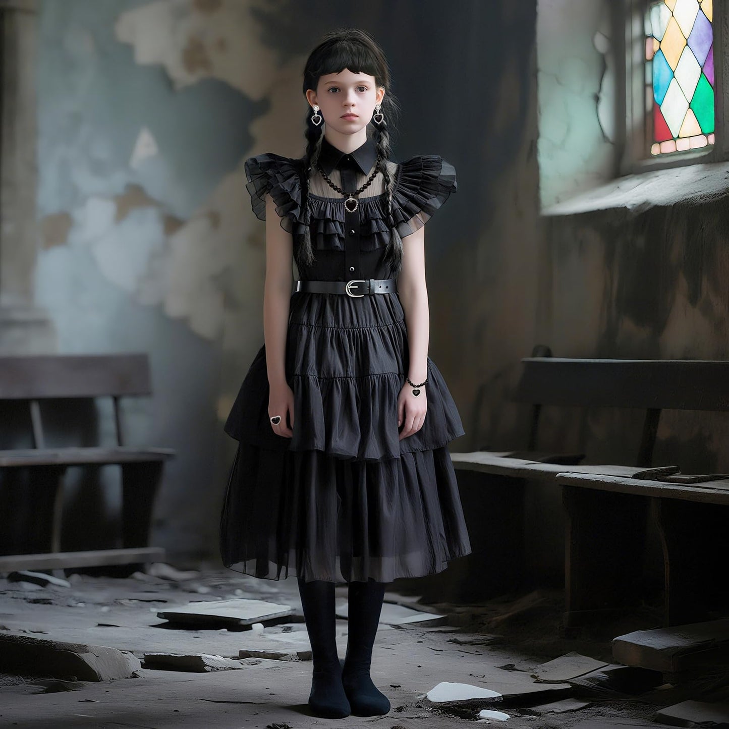 Skknuny Black Tulle Skirt Gothic Dress for Halloween Addams Girls (M)