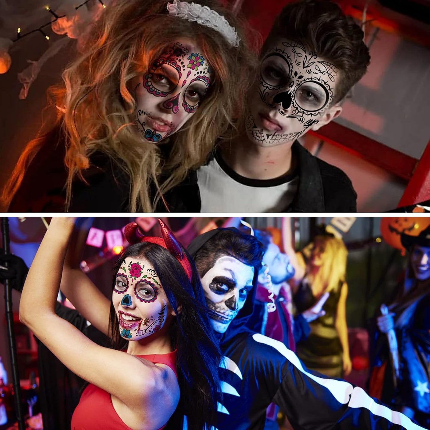 iwiio Day of the Dead Face Tattoos, 9pcs Temporary Stickers - Skeleton, Web, Red Rose Designs for Adults & Kids Halloween Masquerade Party