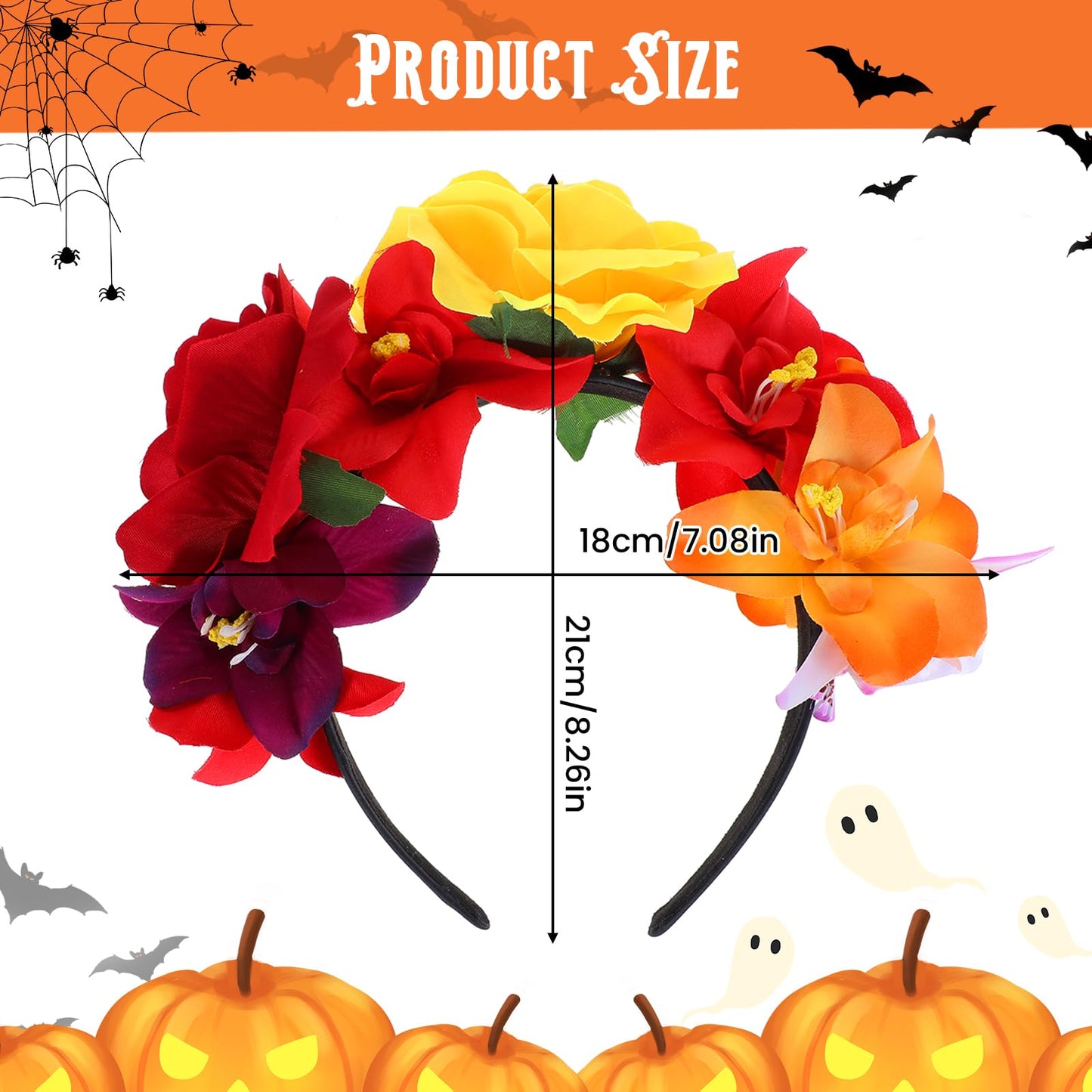 Amabro Halloween Headbands, Floral Day of the Dead Headband Mexican Flower Rose Crown Headpiece Halloween Cosplay Party Headdress Costume Hair Wreath Decorations for Women Men