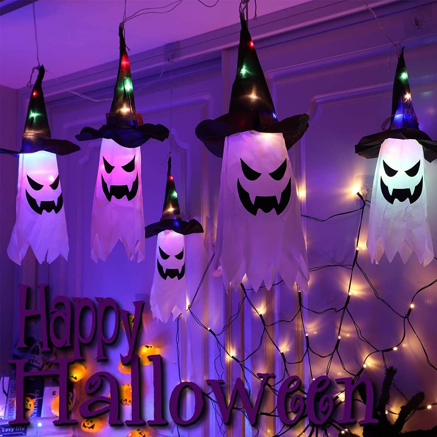 SHAVINGFUN Halloween Decorations Outdoor,5 Pcs Extra Long Glowing Ghost Witch Hat Halloween Indoor Decorations,3 M Waterproof Glowing Witch Hat for Garden, Yard, Tree