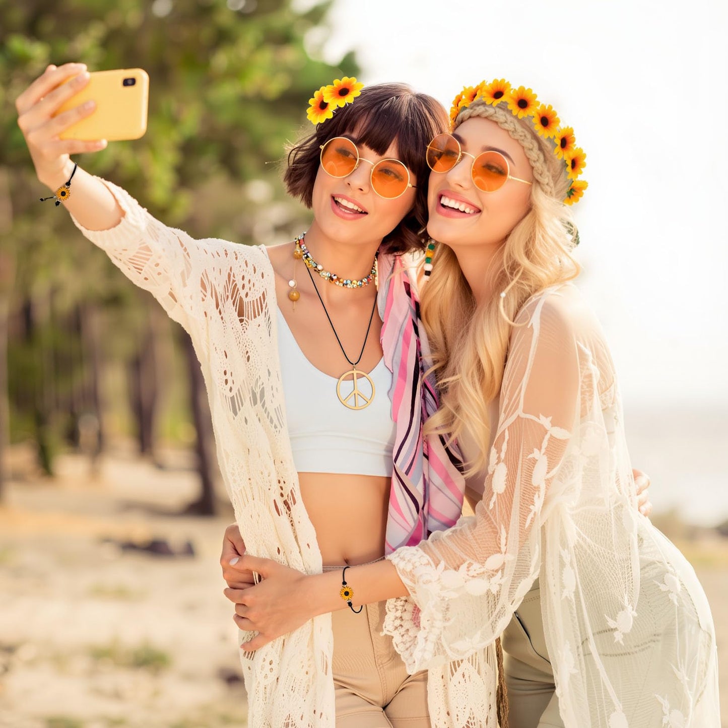 GSrenyu 9 PCS Hippie Accessories, Hippie Costume for Women Includes Sunflower Headband, Flower Sunglasses, Daisy Hair Fork, Sunflower Bracelet, Peace Sign Necklace for 70s 80s Fancy Dress