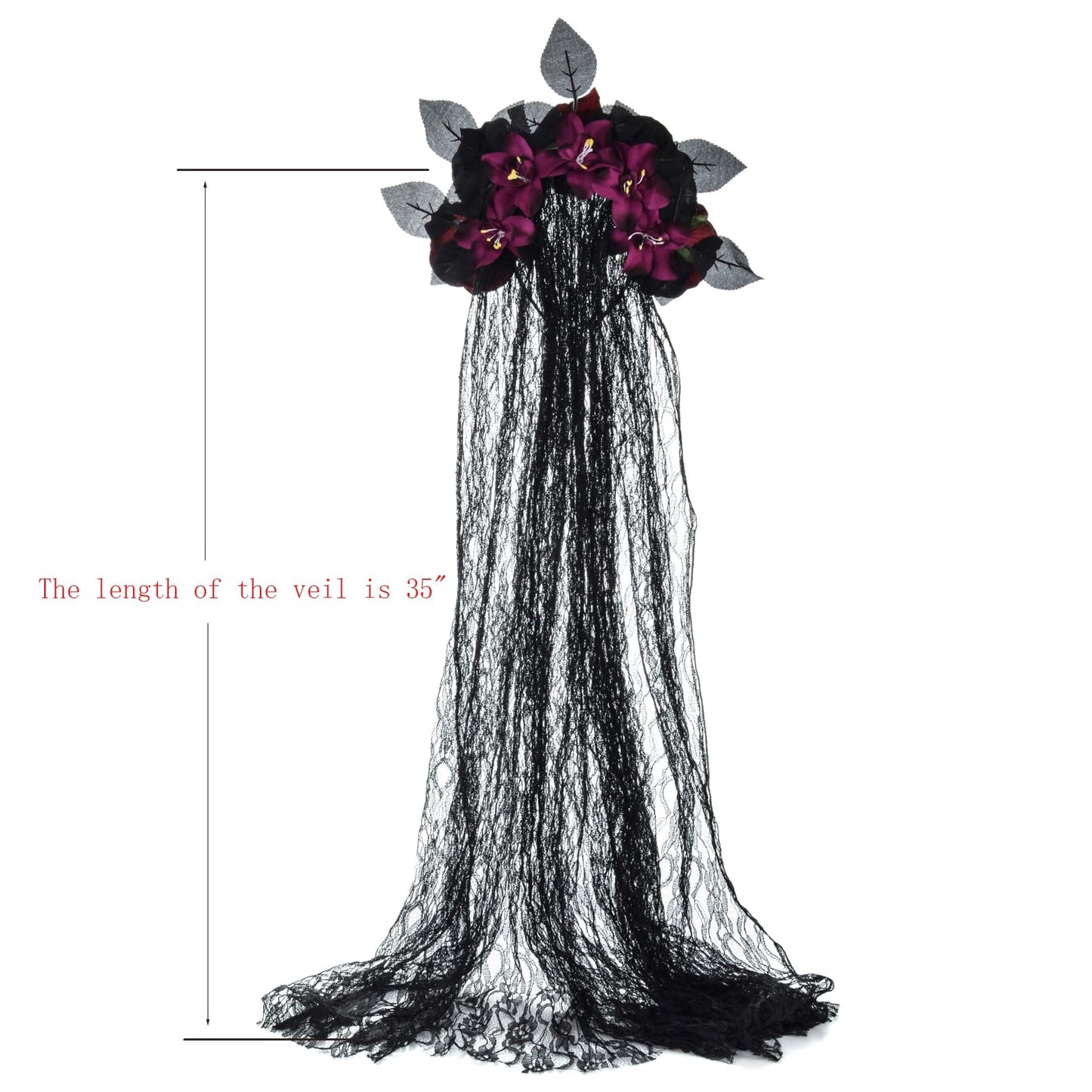 Merroyal women day of the dead headpiece Halloween accessory Photo props. (Burgundy Flower Black Leaf +Veil)