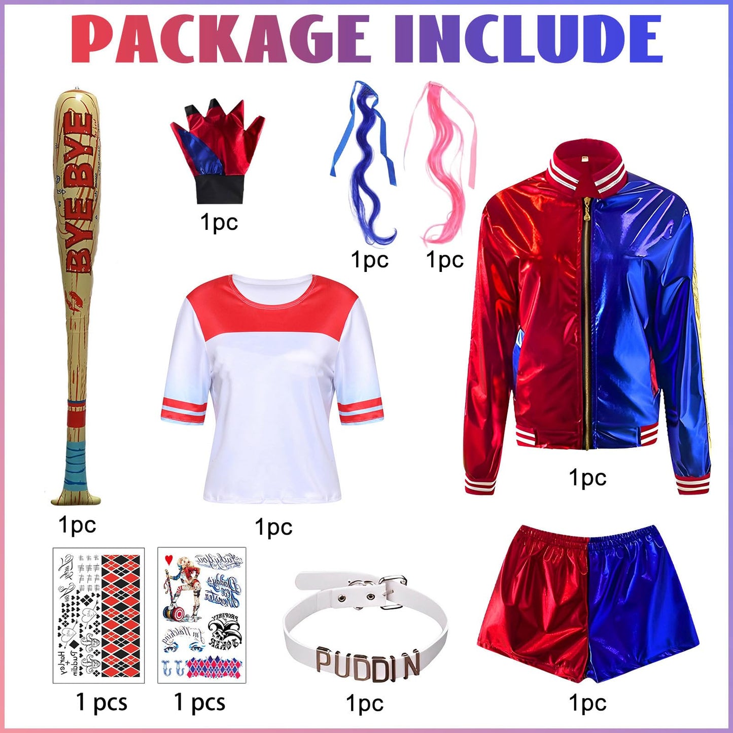 Alaiyaky Harley Quinn Costumes Cosplay Outfits Clown Gloves Collar Wig Bottom Stickers Balloons For Girl Carnival Halloween