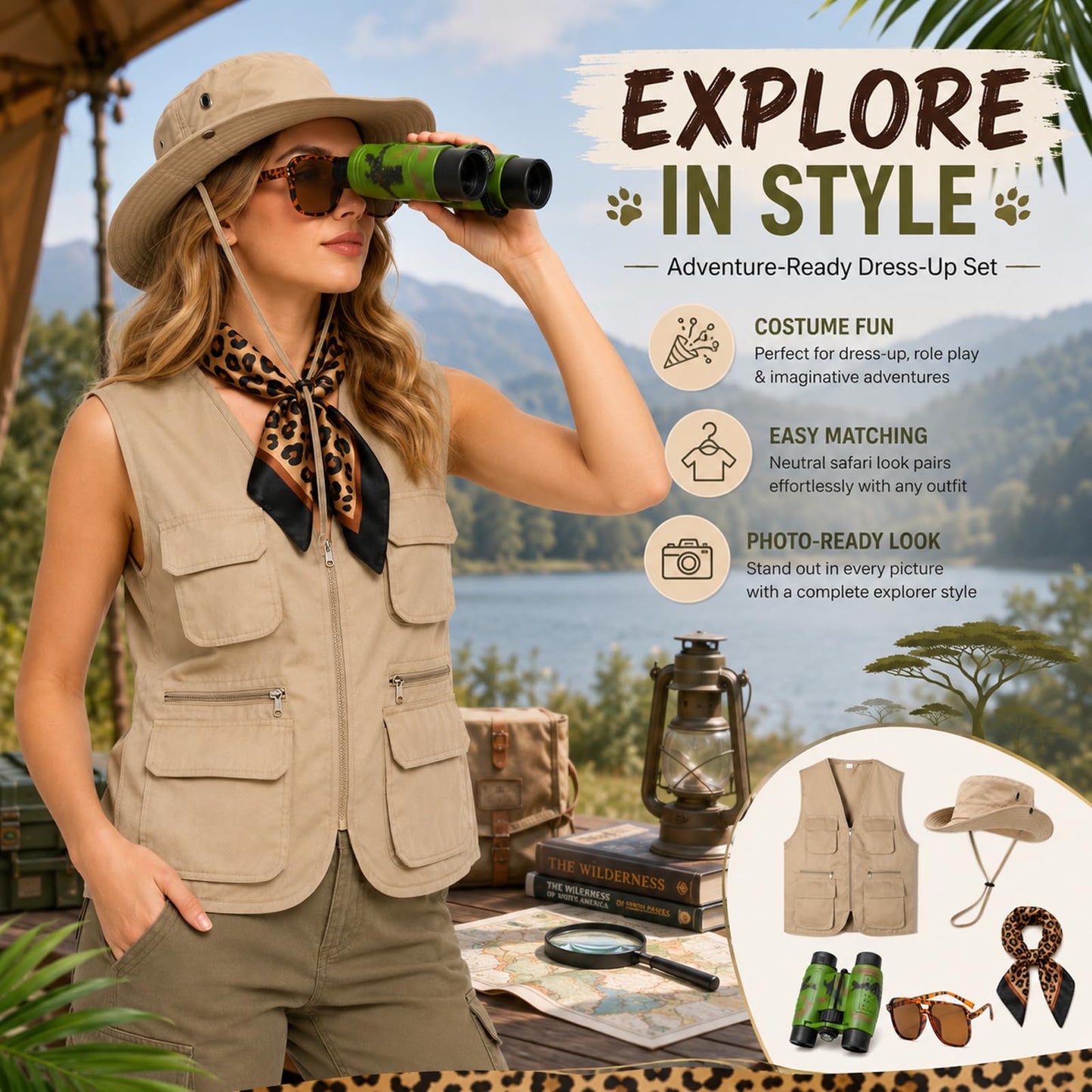 Safari Costume Set Safari Vest Outfit Adults with Safaris Hat (image 7)