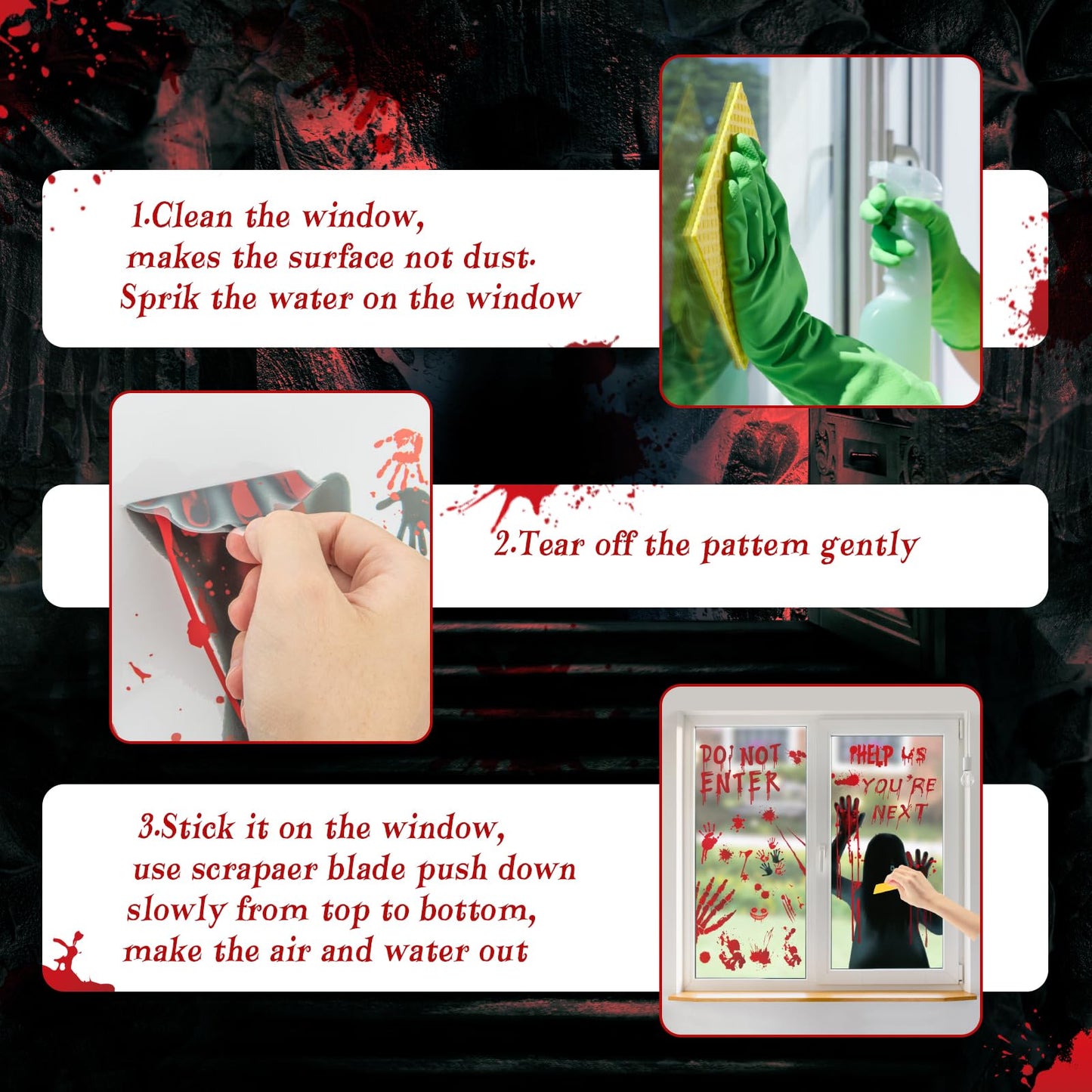 Large Halloween Window Stickers, Etopgo Bloody Decorations Double Sided Window Clings with Handprints Footprints for Halloween Party Decorations