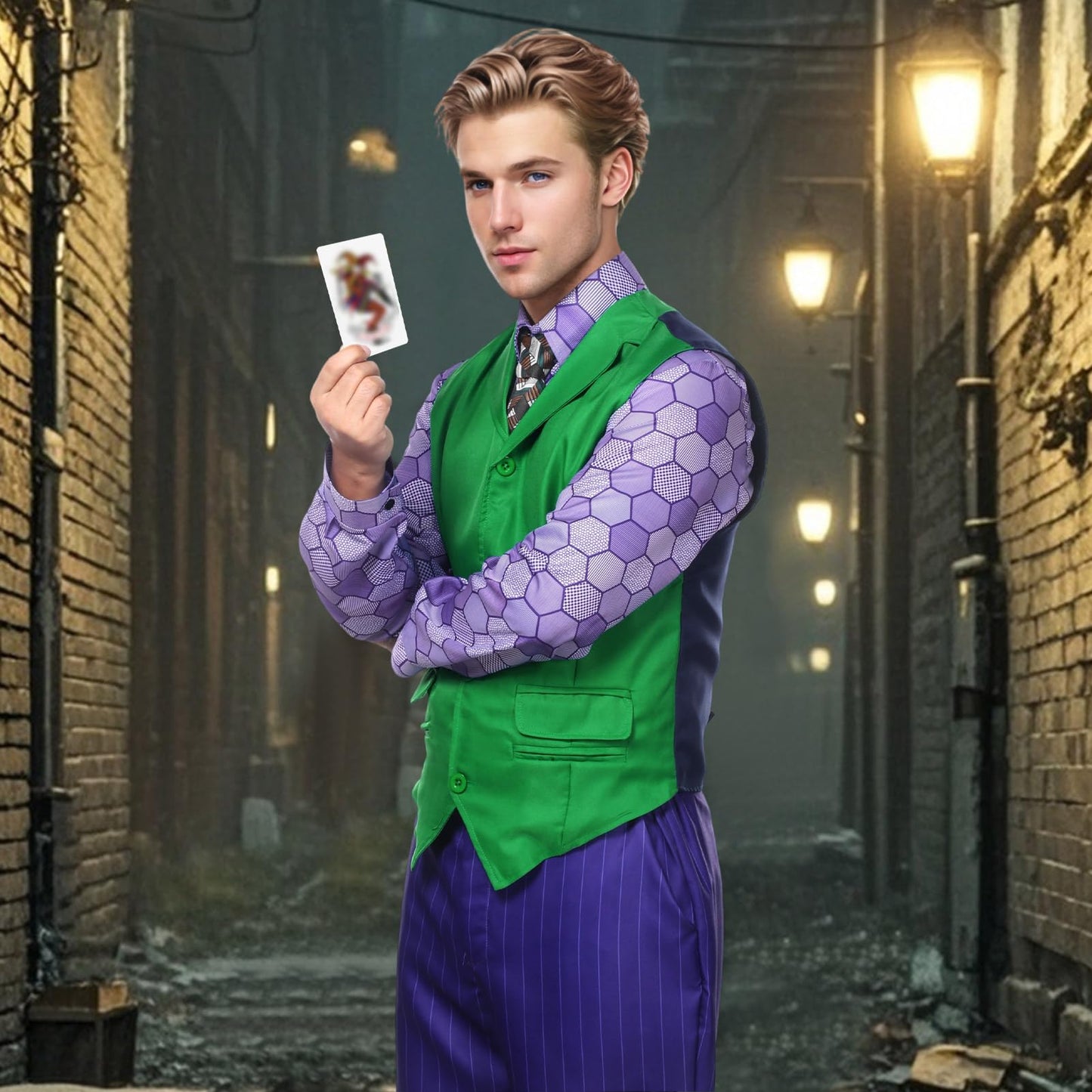 Alaiyaky Adult Men Joker Costume Shirt Vest Tie Outfit Suit Set Halloween Cosplay Dress Up Props (Style A, XXL)