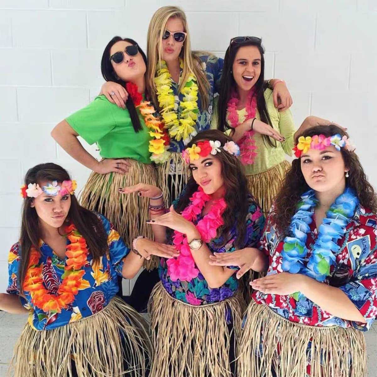HBell 8 Set 40PCS Hawaiian Grass Skirt Garlands,Hawaiian Leis Bracelet Headband Necklace,Hawaii Luau Skirts Costume Fancy Dress,Only for Teens & Adults Summer Beach Tropical Party Decorations