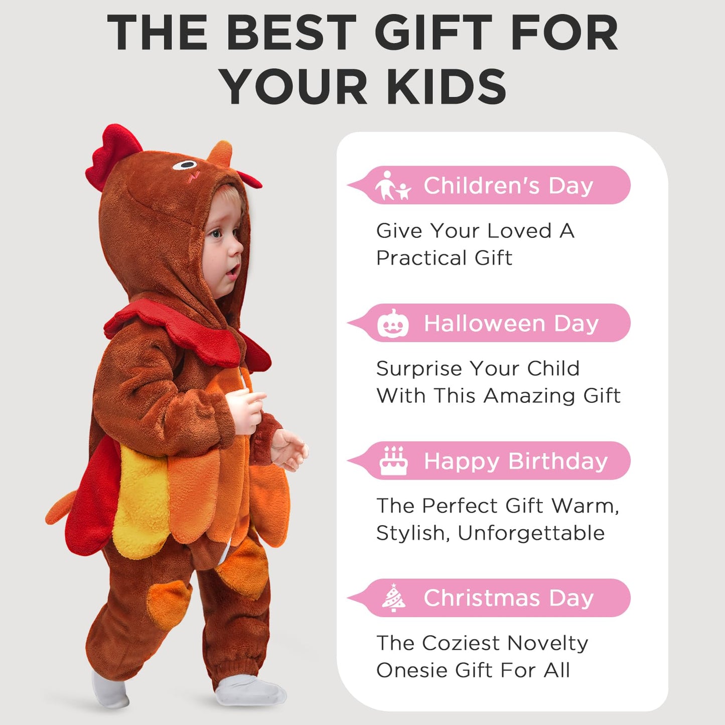 OLAOLA Toddler Onesie Unisex Soft Flannel Romper Baby Animal Costume Outfit Infant Cartoon Hooded Jumpsuit (Turkey, 18-24 Months)